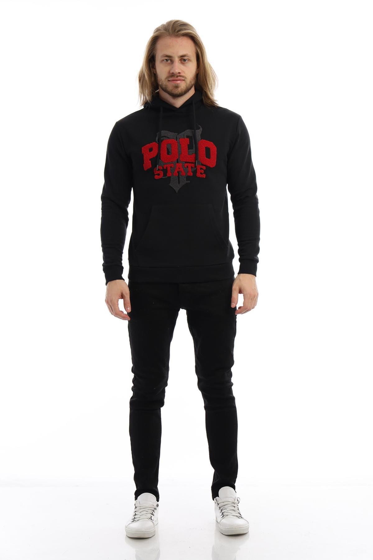 Erkek 3 İplik Pamuklu İçi Polarlı Süzine Nakışlı Regular Fit Kapüşonlu Kanguru Cepli Siyah Sweatshirt