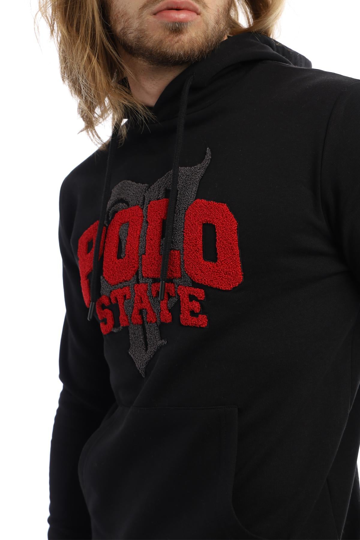 Erkek 3 İplik Pamuklu İçi Polarlı Süzine Nakışlı Regular Fit Kapüşonlu Kanguru Cepli Siyah Sweatshirt