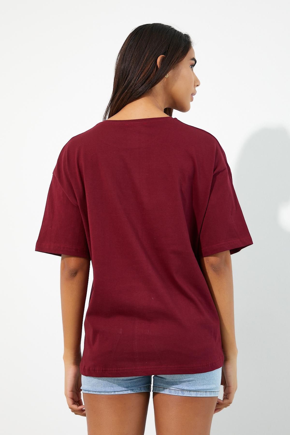 Kadın Baskılı Oversize T-shirt Bordo