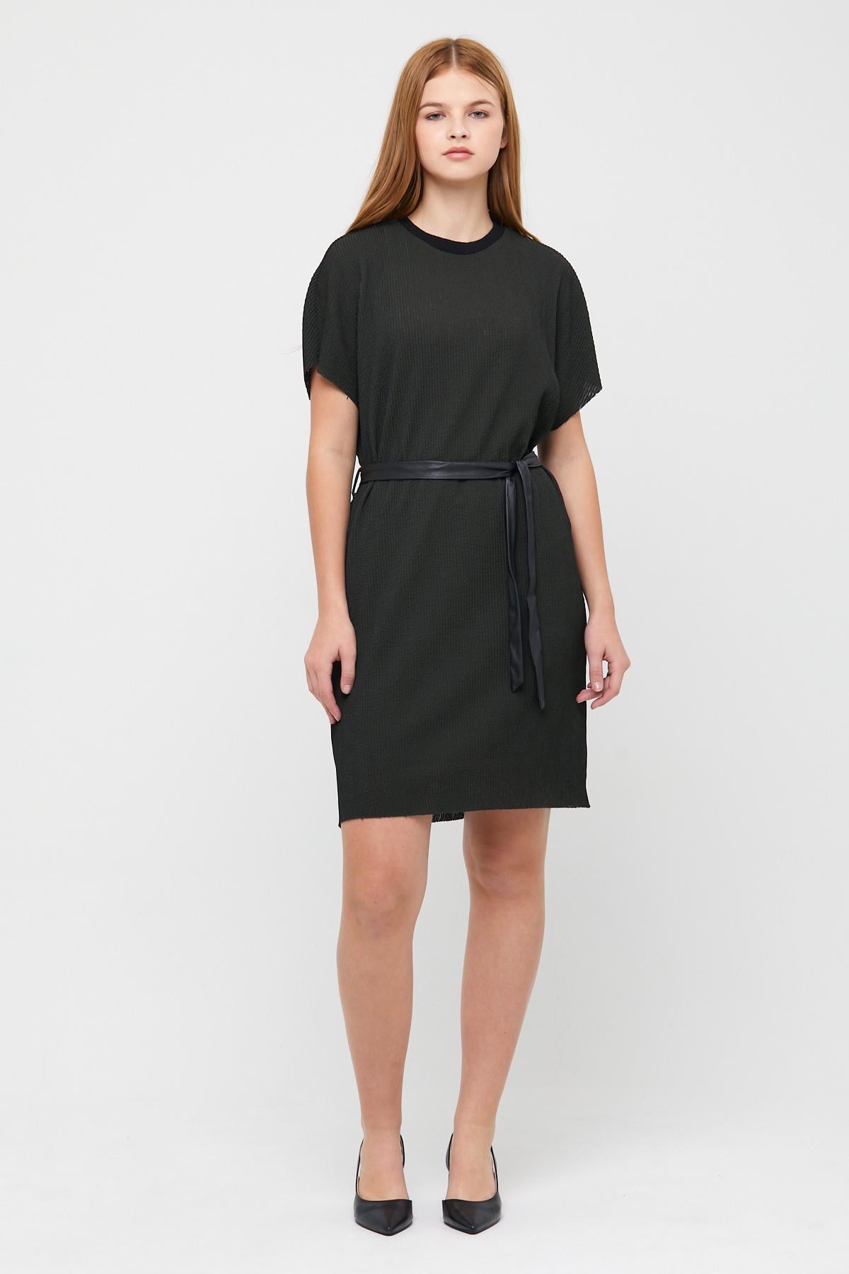 Kadın Bisiklet Yaka Jakarlı Beli Kuşaklı Kısa Elbise Haki