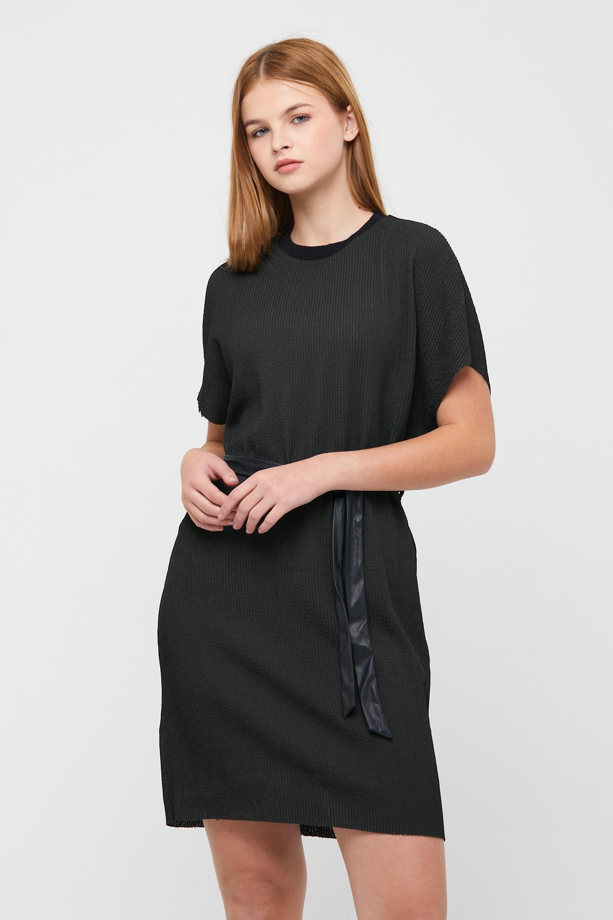 Kadın Bisiklet Yaka Jakarlı Beli Kuşaklı Kısa Elbise Haki