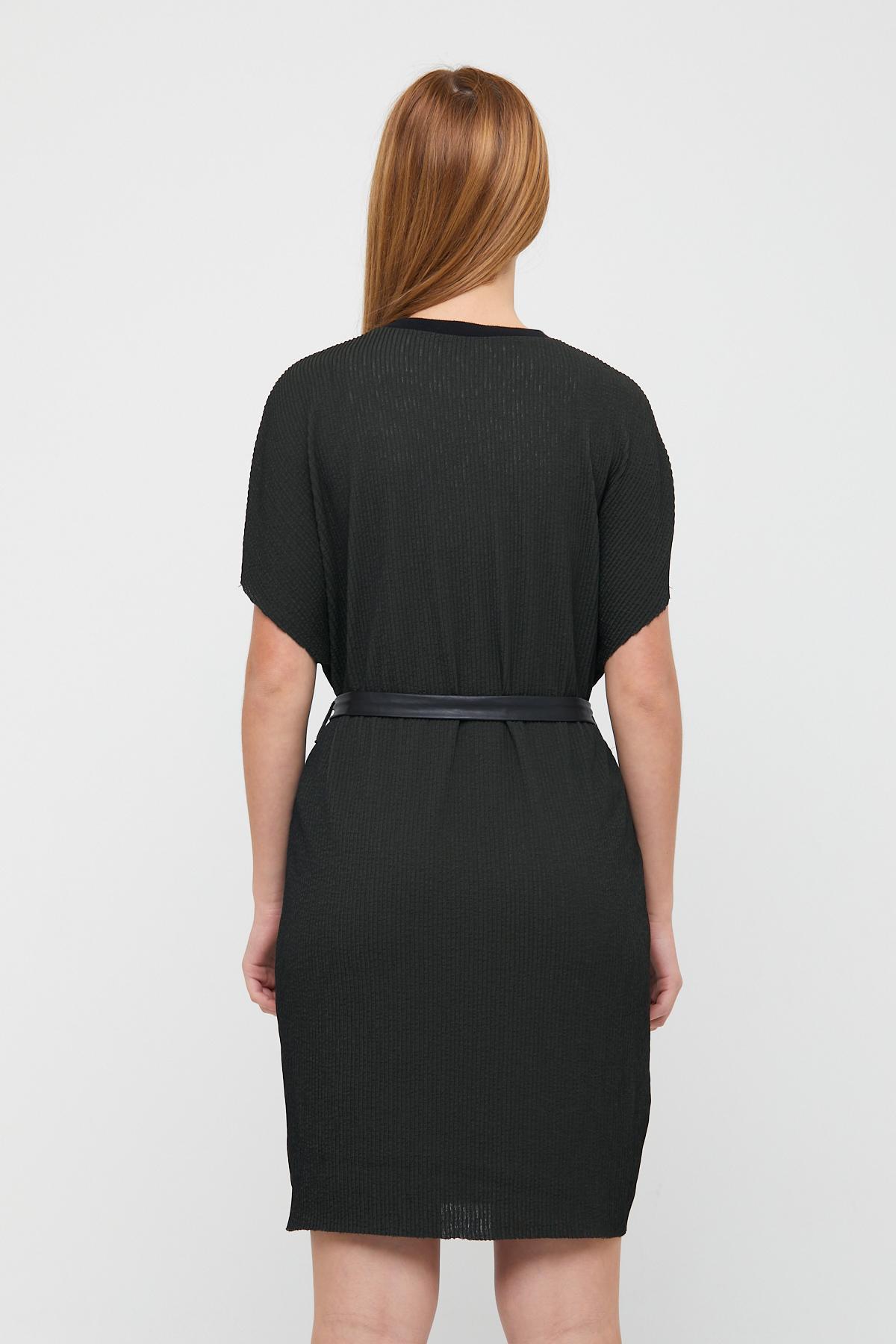 Kadın Bisiklet Yaka Jakarlı Beli Kuşaklı Kısa Elbise Haki