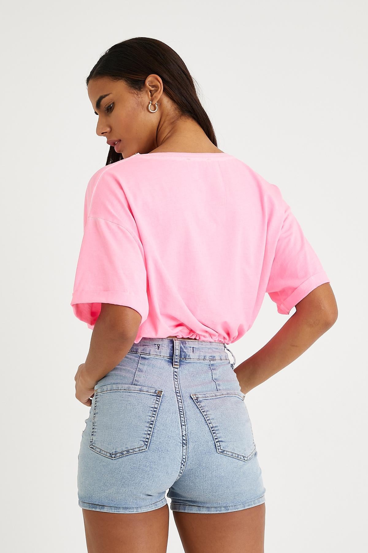 Kadın Neon Yağ Yıkamalı T-shirt Pembe