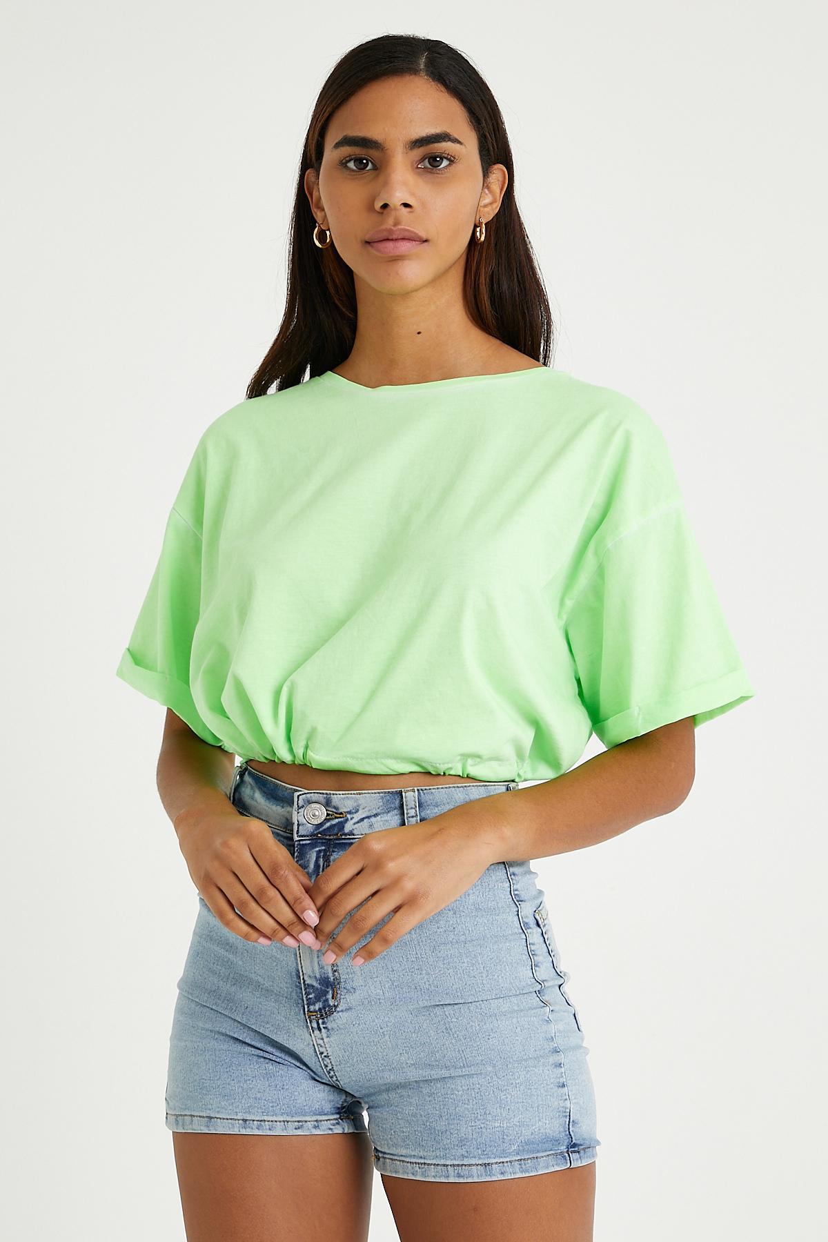 Kadın Neon Yağ Yıkamalı T-shirt Yeşil