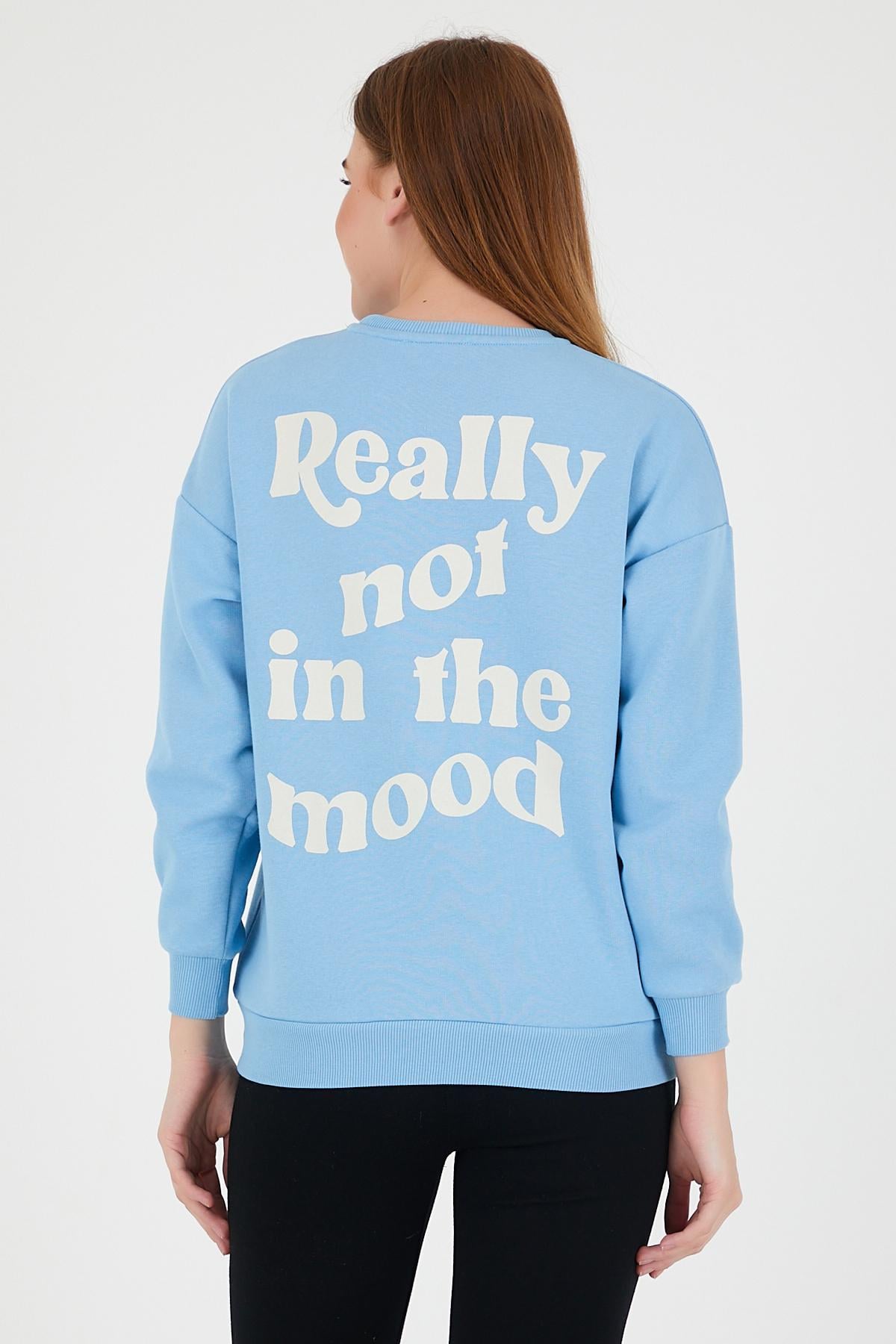 Kadın Oversize Yazı Baskılı 3 İplik Sweatshirt Mavi