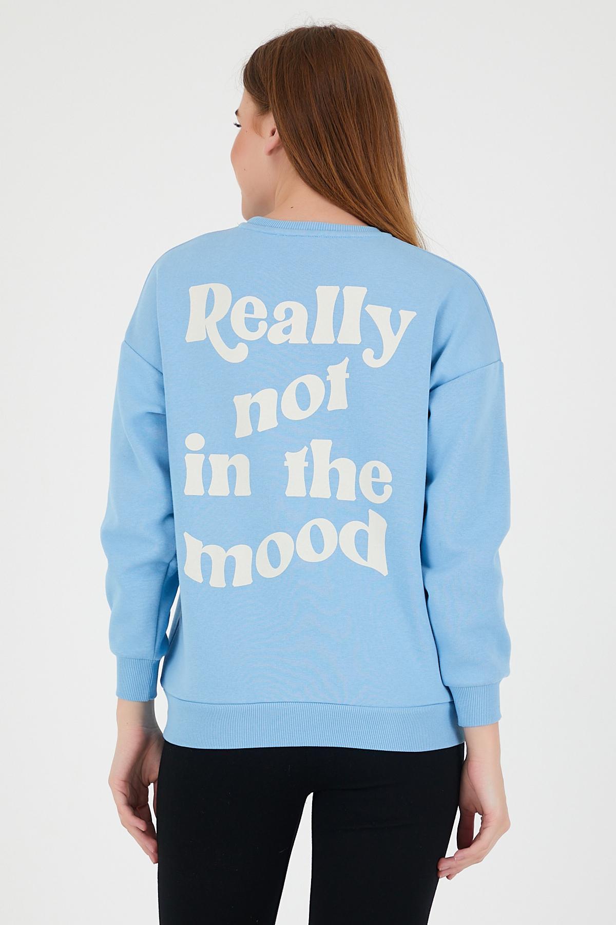 Kadın Oversize Yazı Baskılı 3 İplik Sweatshirt Mavi