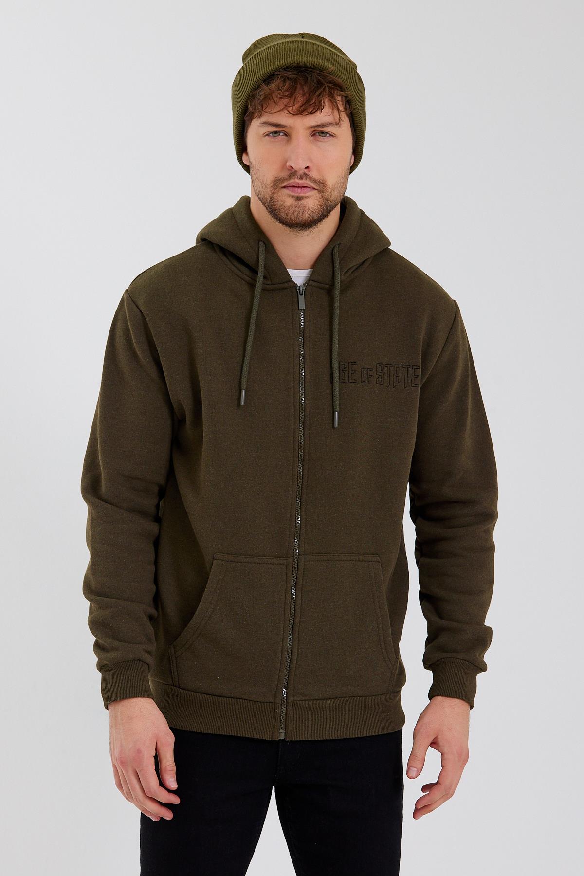 Age Of State Nakışlı Fermuarlı 3 İplik Sweatshirt Haki