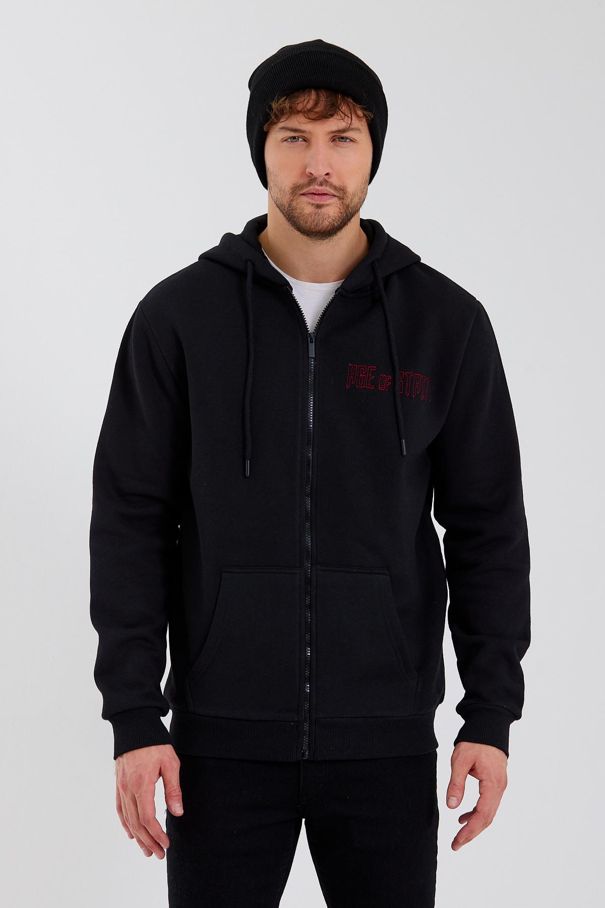 Age Of State Nakışlı Fermuarlı 3 İplik Sweatshirt Siyah