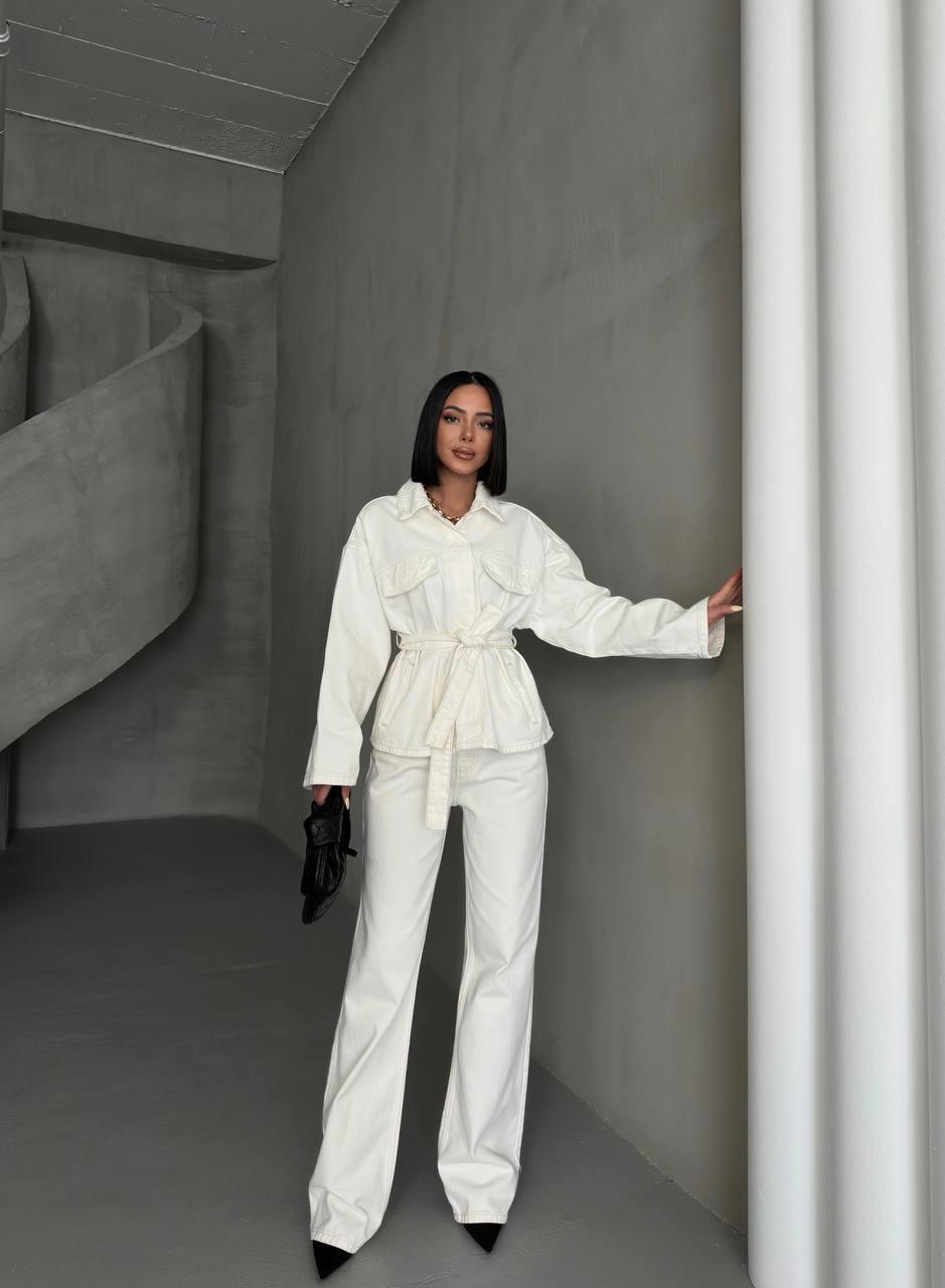 Beyaz Bağlamalı Denim Takım Oversize Ceket ve Yüksek Bel Pantolon