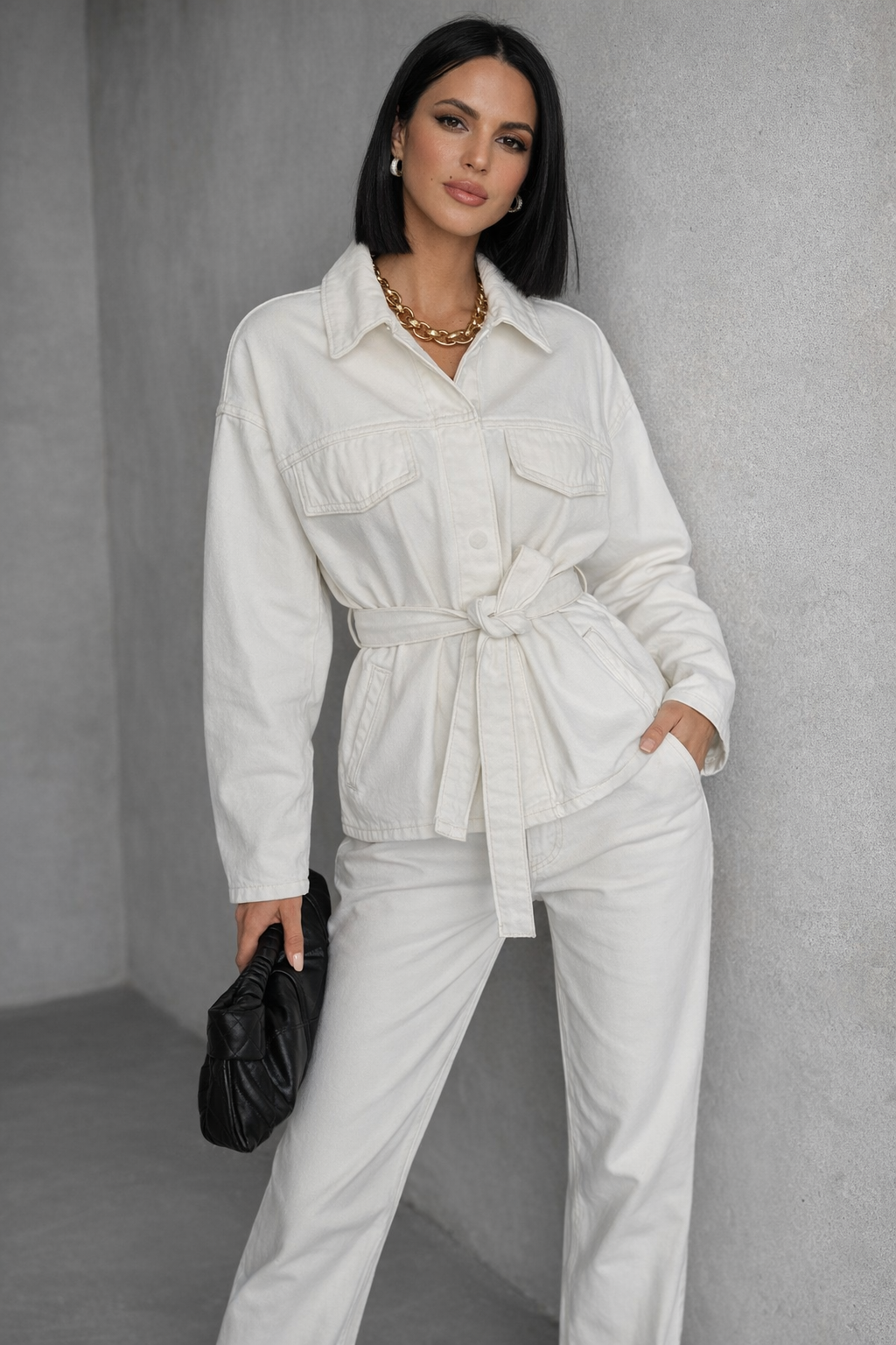 Beyaz Bağlamalı Denim Takım Oversize Ceket ve Yüksek Bel Pantolon