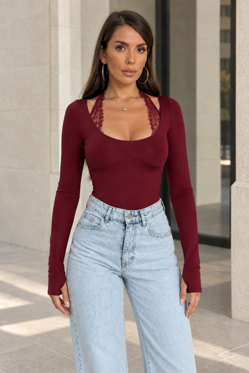 Dantel Detaylı Kare Yaka Uzun Kollu Kadın Body - Bordo Bordo