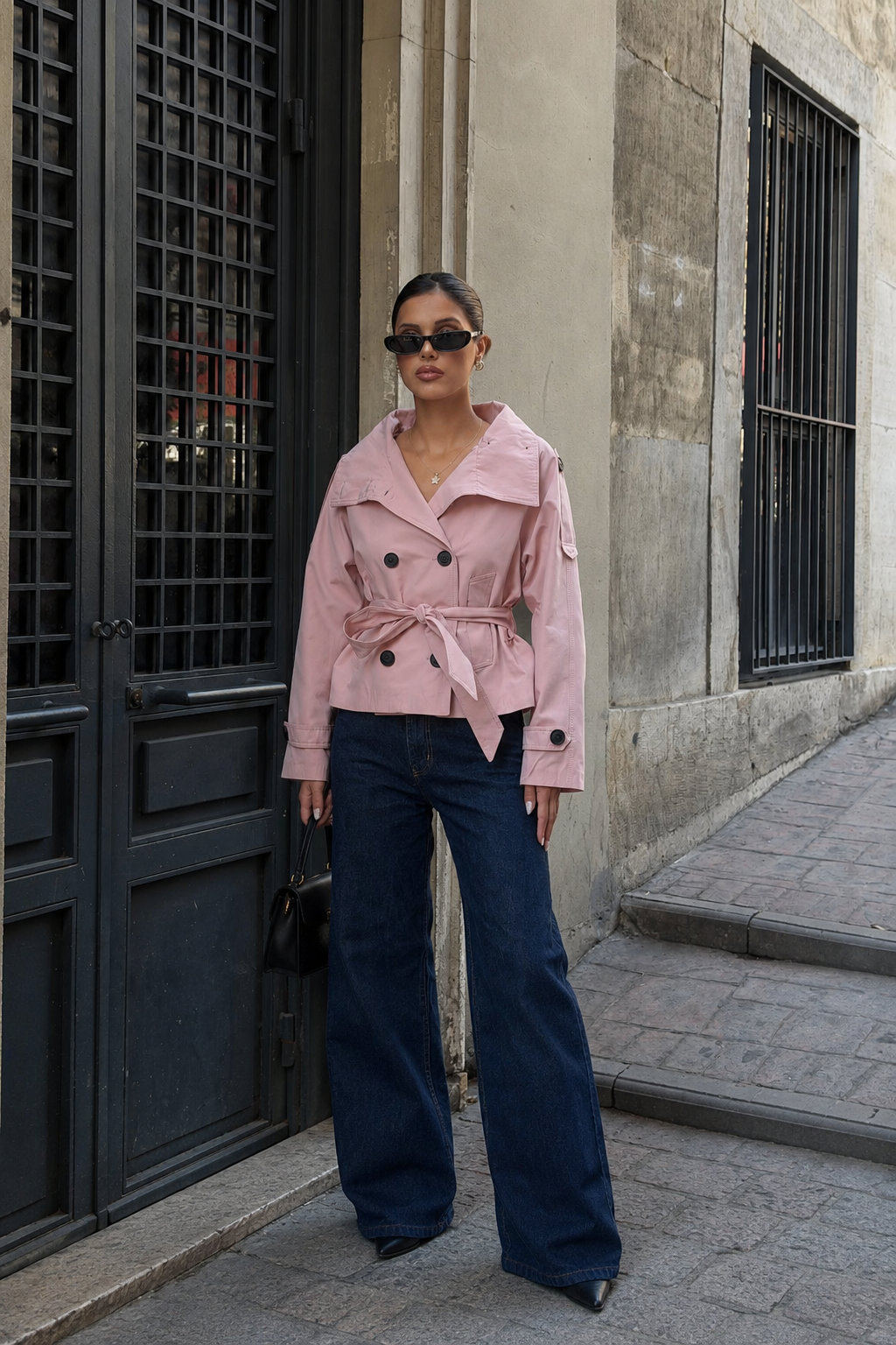 Dik Yaka Kuşaklı Kısa Kadın Trençkot Ceket – Pembe
