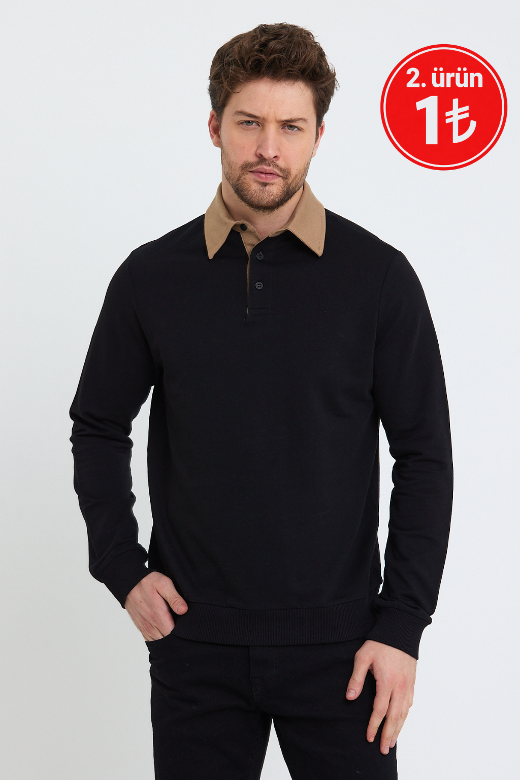 Erkek 2 İplik Pamuklu Regular Fit Polo Sweat Siyah Gömlek