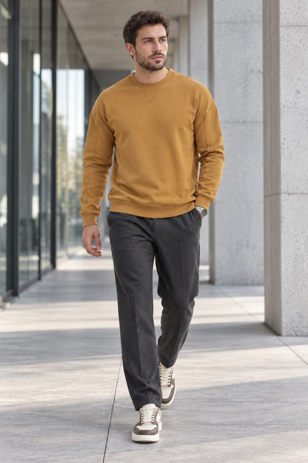 Erkek 2’li Paket Bisiklet Yaka Basic Günlük Sweatshirt - Antrasit & Kahve Antrasit
