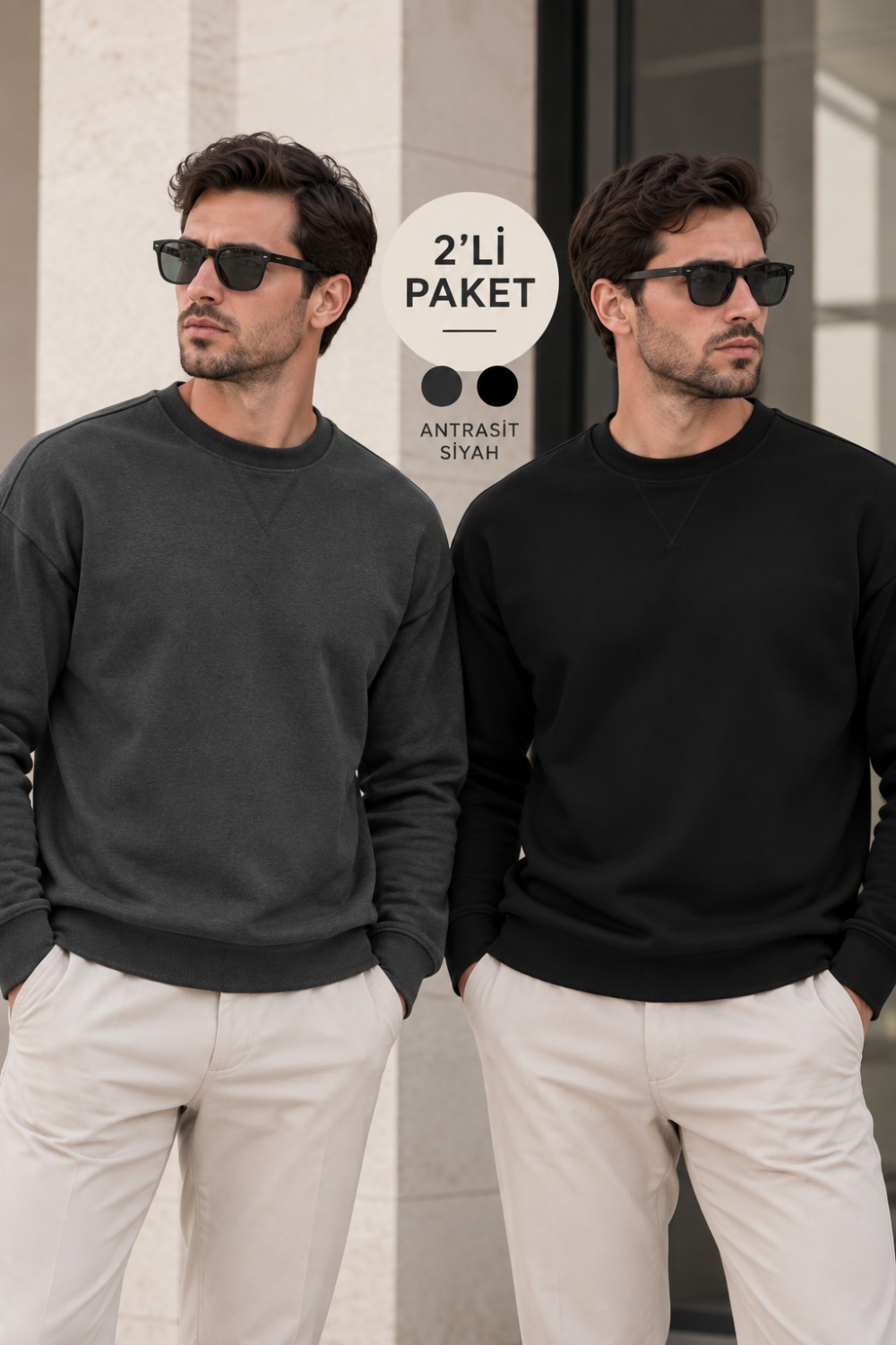 Erkek 2’li Paket Bisiklet Yaka Basic Günlük Sweatshirt - Siyah & Antrasit Siyah