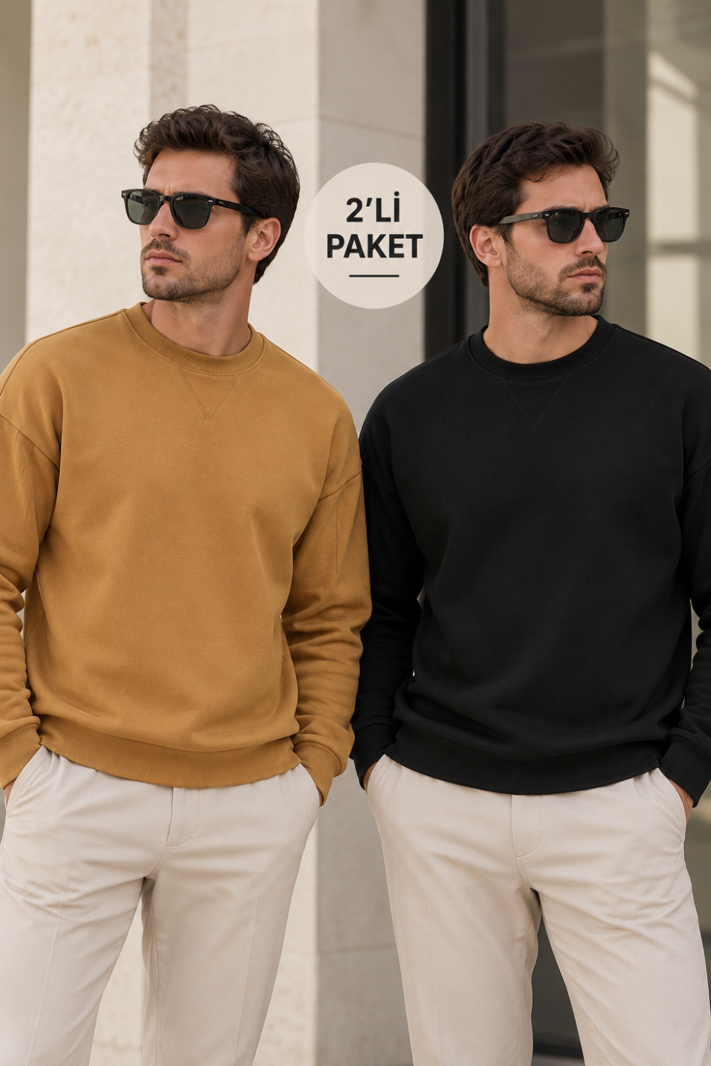 Erkek 2’li Paket Bisiklet Yaka Basic Günlük Sweatshirt - Kahve & Siyah Kahve