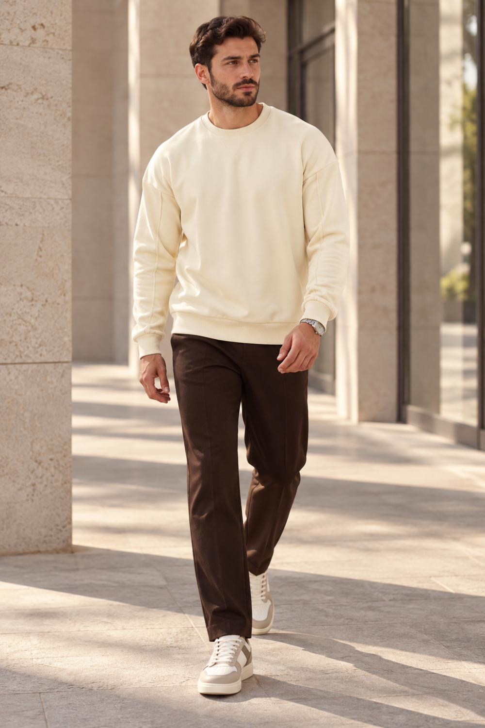 Erkek 2’li Paket Bisiklet Yaka Basic Günlük Sweatshirt - Ekru & Siyah Ekru