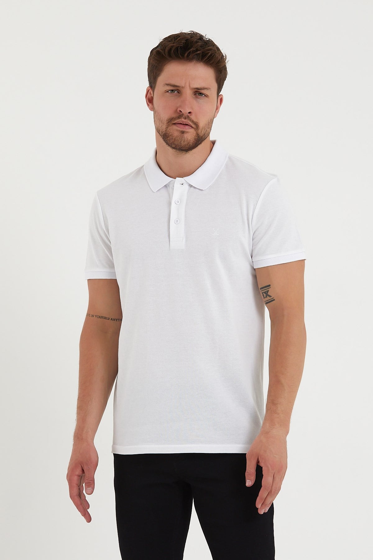 Erkek 2li Polo Yaka Tişört Beyaz-Beyaz %100 Pamuk Çekmeyen Kumaş Regular Fit