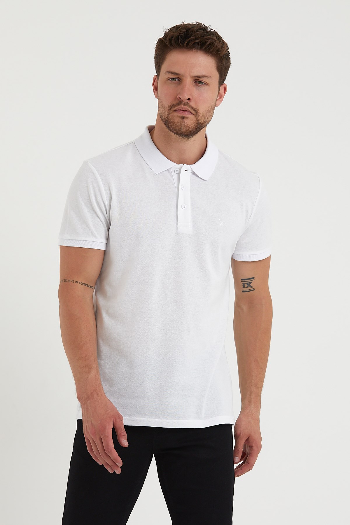 Erkek 2li Polo Yaka Tişört Beyaz-Beyaz %100 Pamuk Çekmeyen Kumaş Regular Fit