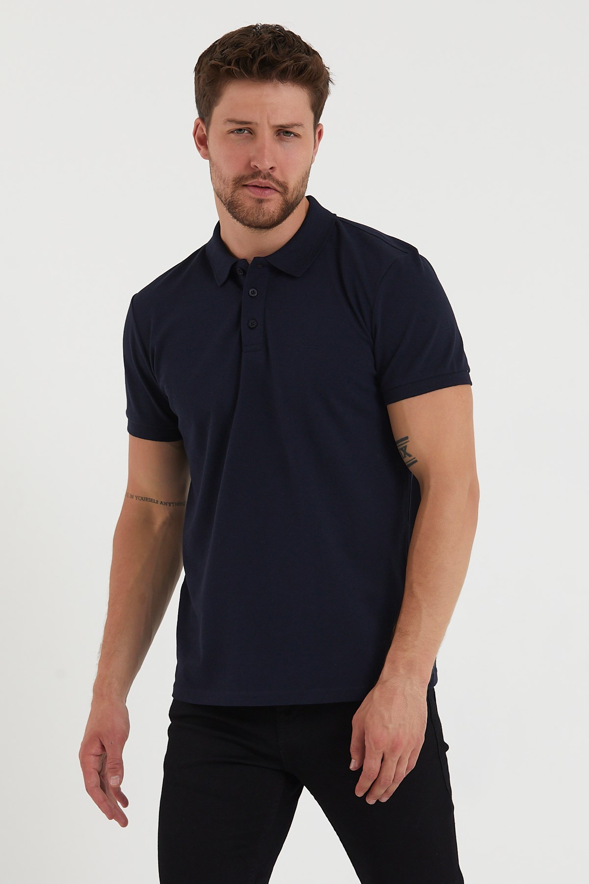 Erkek 2li Polo Yaka Tişört Siyah-Lacivert %100 Pamuk Çekmeyen Kumaş Regular Fit