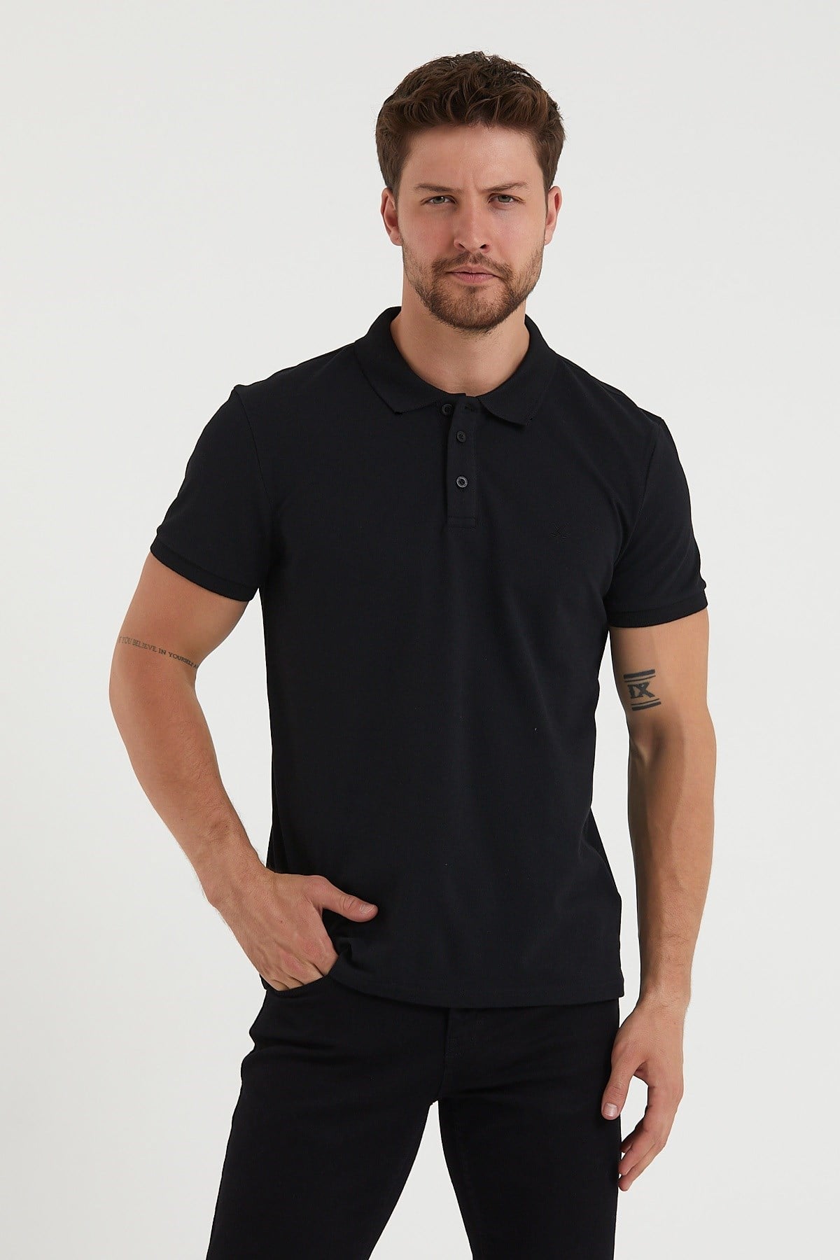 Erkek 2li Polo Yaka Tişört Siyah-Siyah %100 Pamuk Çekmeyen Kumaş Regular Fit