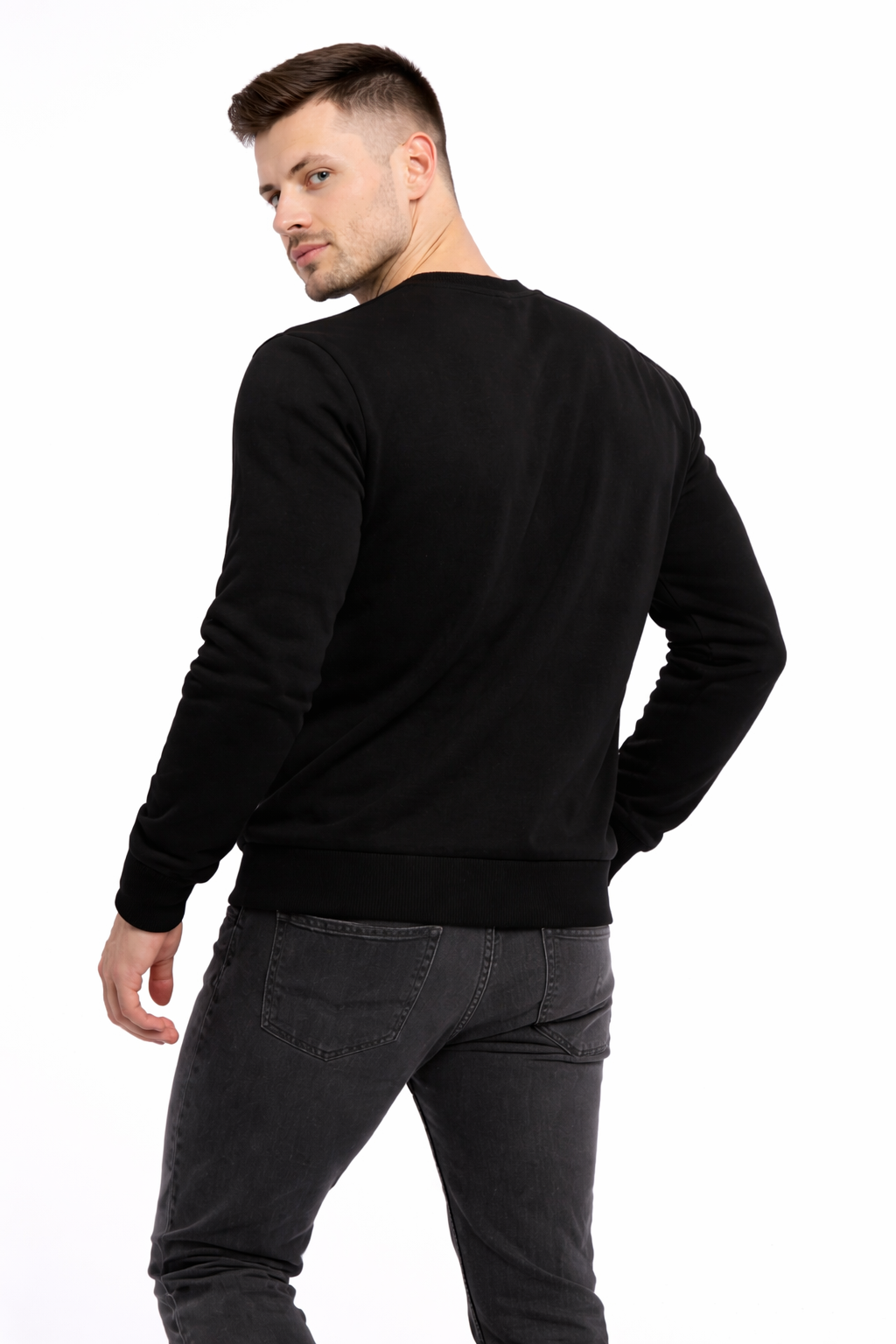 Erkek 3 İplik Şardonsuz Pamuklu Regular Fit Baskılı Bisiklet Yaka Siyah Sweatshirt