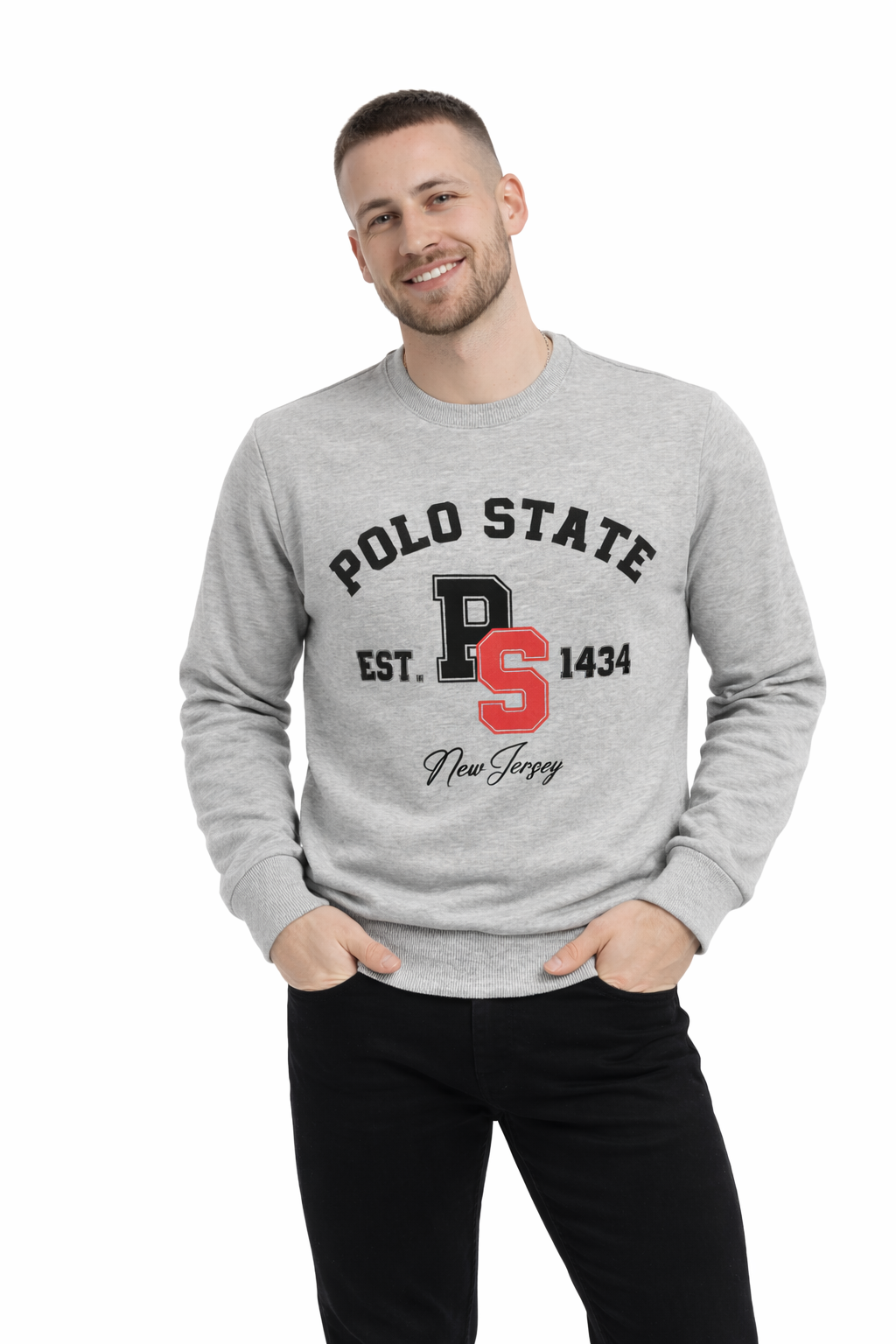 Erkek 3 İplik Şardonsuz Pamuklu Regular Fit Baskılı Bisiklet Yaka Gri Sweatshirt