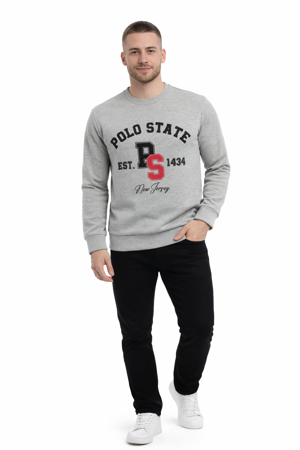 Erkek 3 İplik Şardonsuz Pamuklu Regular Fit Baskılı Bisiklet Yaka Gri Sweatshirt