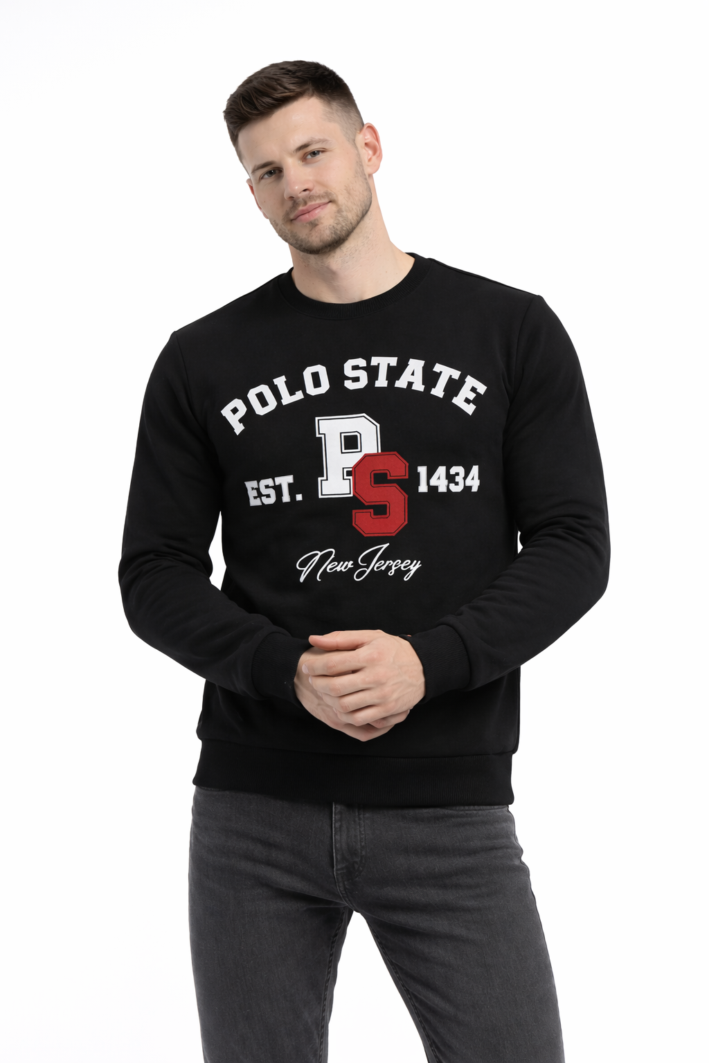 Erkek 3 İplik Şardonsuz Pamuklu Regular Fit Baskılı Bisiklet Yaka Siyah Sweatshirt