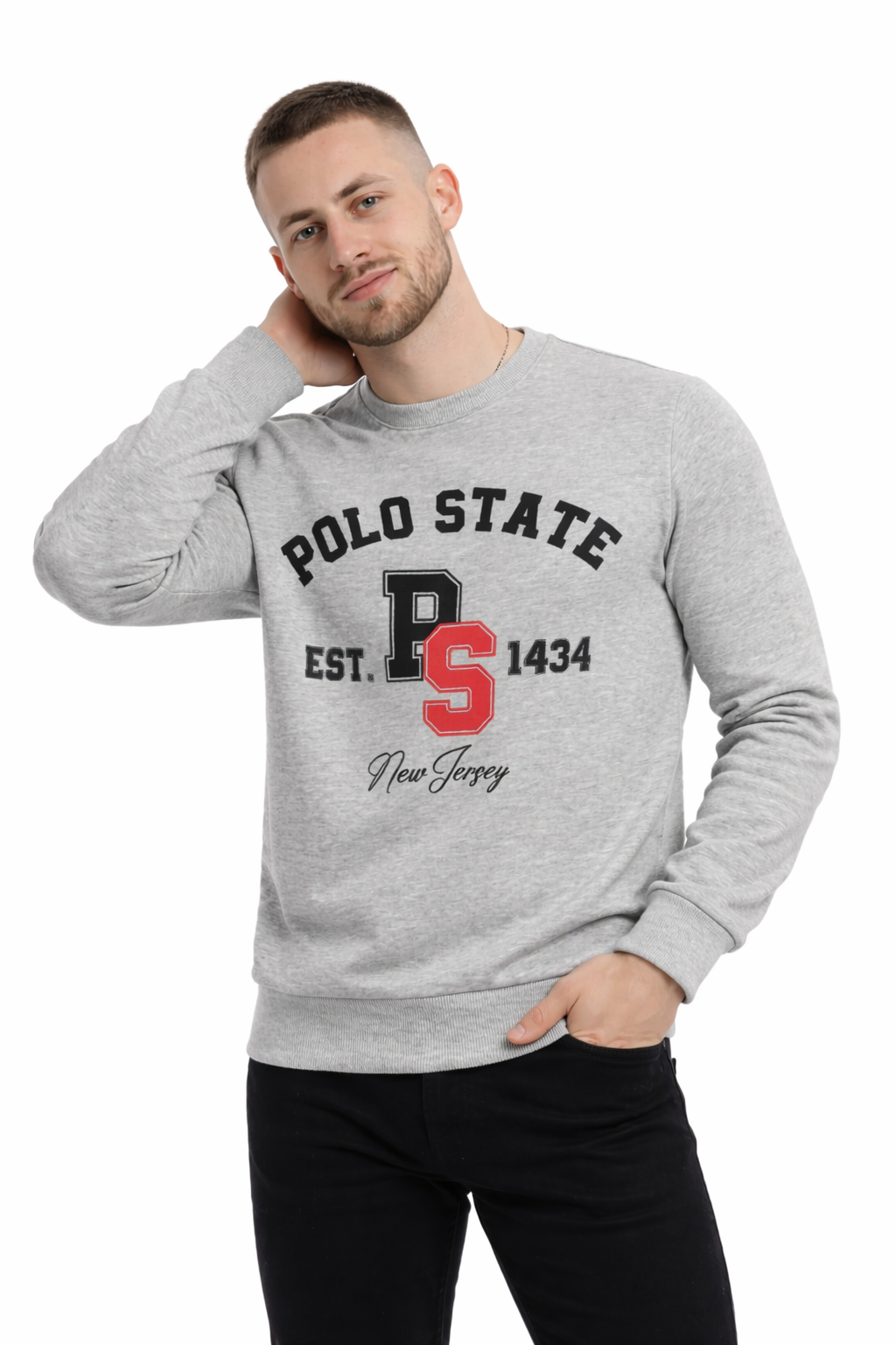 Erkek 3 İplik Şardonsuz Pamuklu Regular Fit Baskılı Bisiklet Yaka Gri Sweatshirt