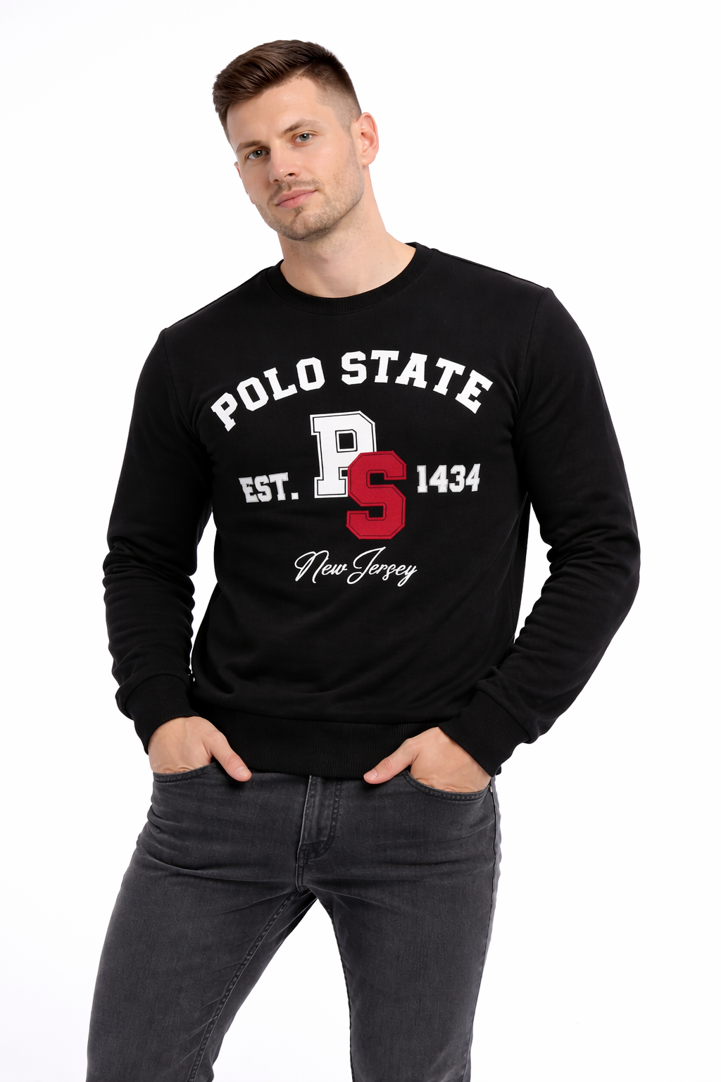 Erkek 3 İplik Şardonsuz Pamuklu Regular Fit Baskılı Bisiklet Yaka Siyah Sweatshirt