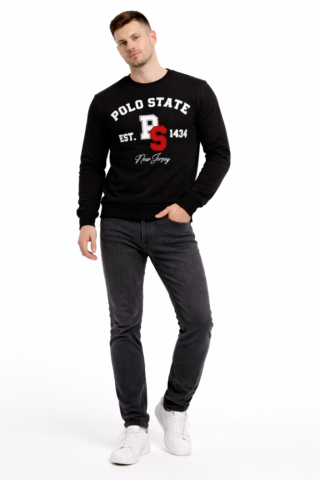Erkek 3 İplik Şardonsuz Pamuklu Regular Fit Baskılı Bisiklet Yaka Siyah Sweatshirt