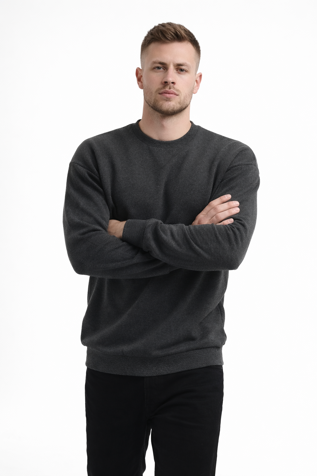 Erkek Antrasit 3 İplik Şardonlu Kalın Basic Bisiklet Yaka Oversize Sweatshirt