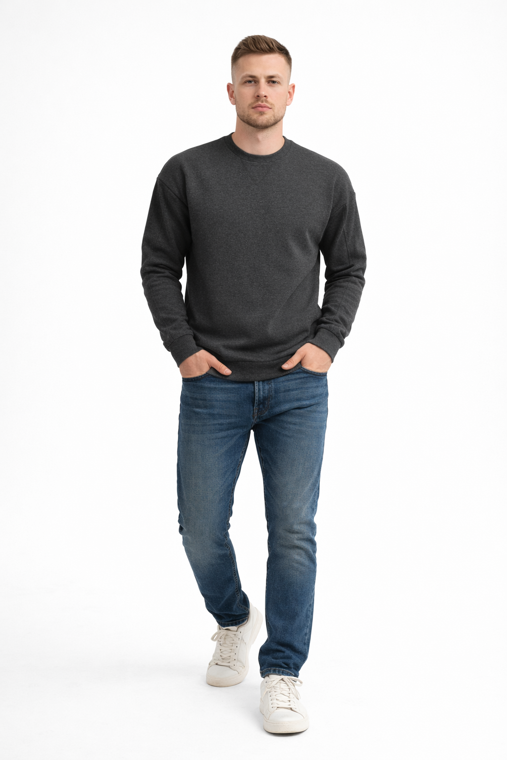 Erkek Antrasit 3 İplik Şardonlu Kalın Basic Bisiklet Yaka Oversize Sweatshirt