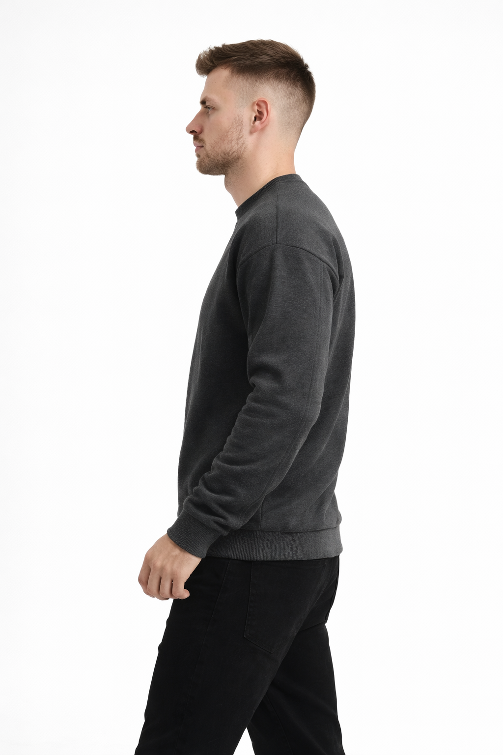 Erkek Antrasit 3 İplik Şardonlu Kalın Basic Bisiklet Yaka Oversize Sweatshirt