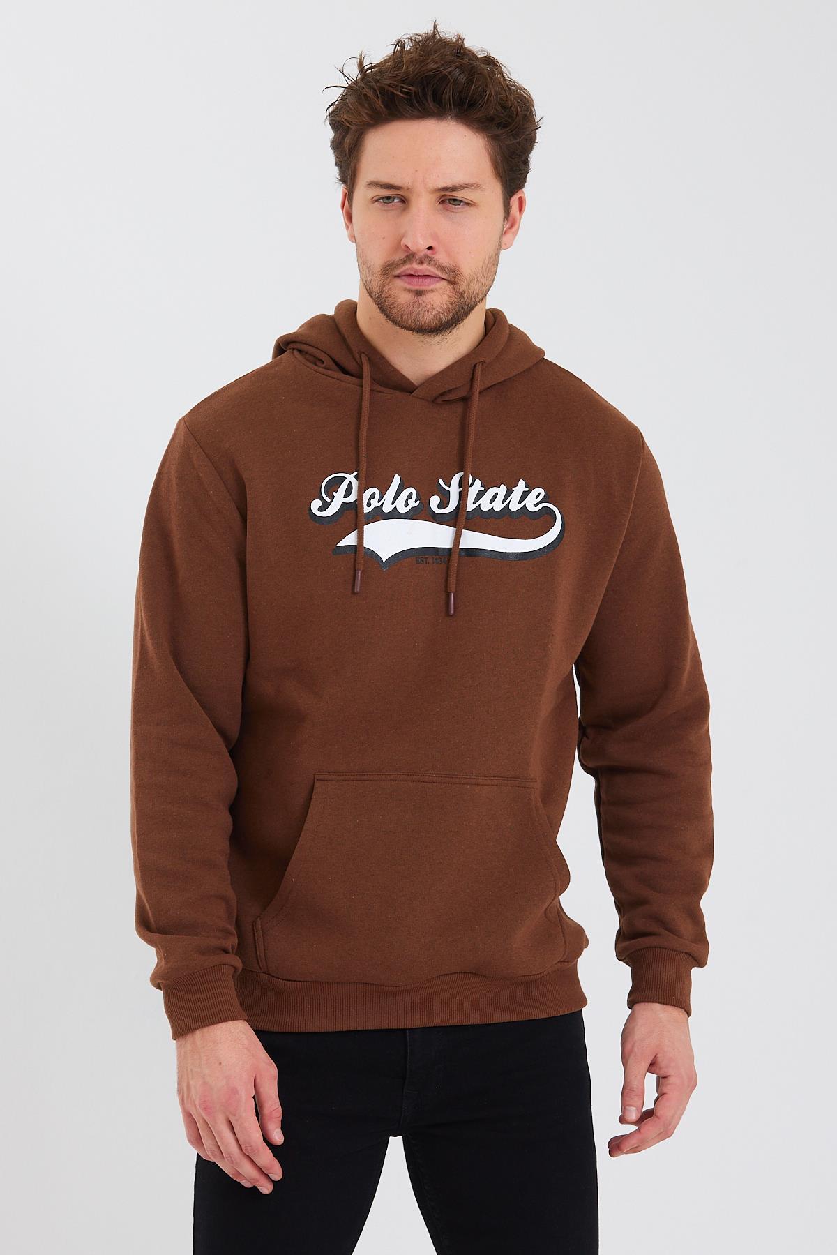 Erkek 3 İplik Pamuklu İçi Polarlı Baskılı Regular Fit Kapüşonlu Kanguru Cepli Kahverengi Sweatshirt