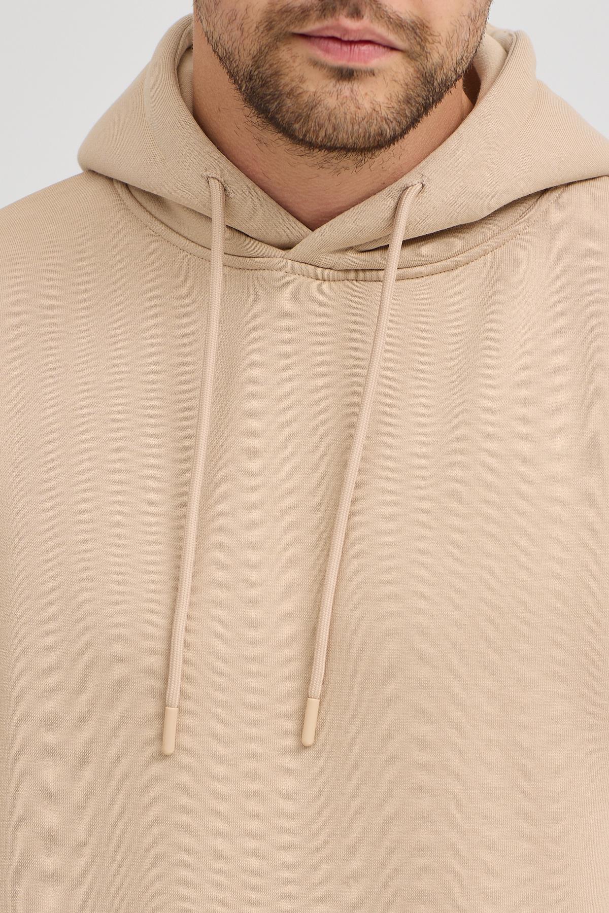 Erkek Bej Standart Fit Normal Kesim Içi Polarlı 3 Iplik Kapüşonlu Pamuklu Sweatshirt