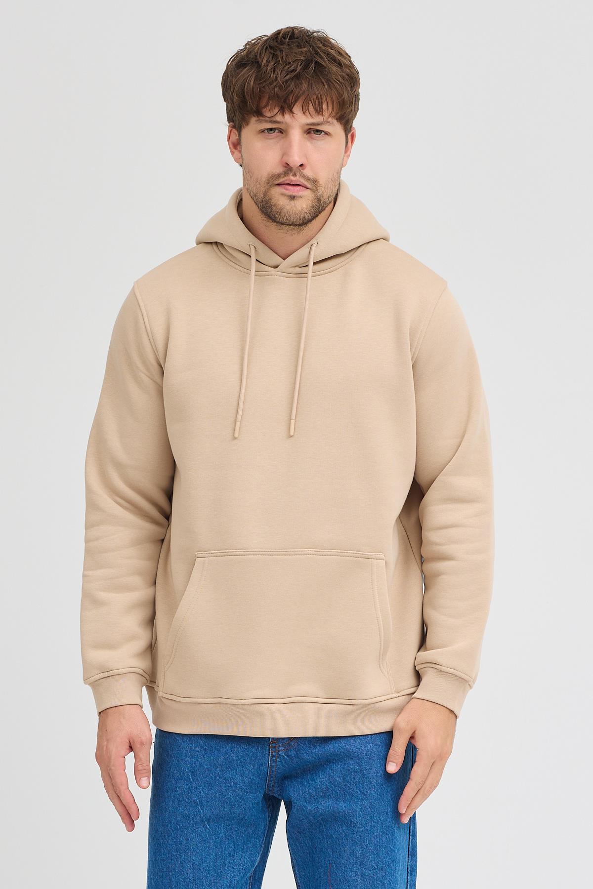 Erkek Bej Standart Fit Normal Kesim Içi Polarlı 3 Iplik Kapüşonlu Pamuklu Sweatshirt