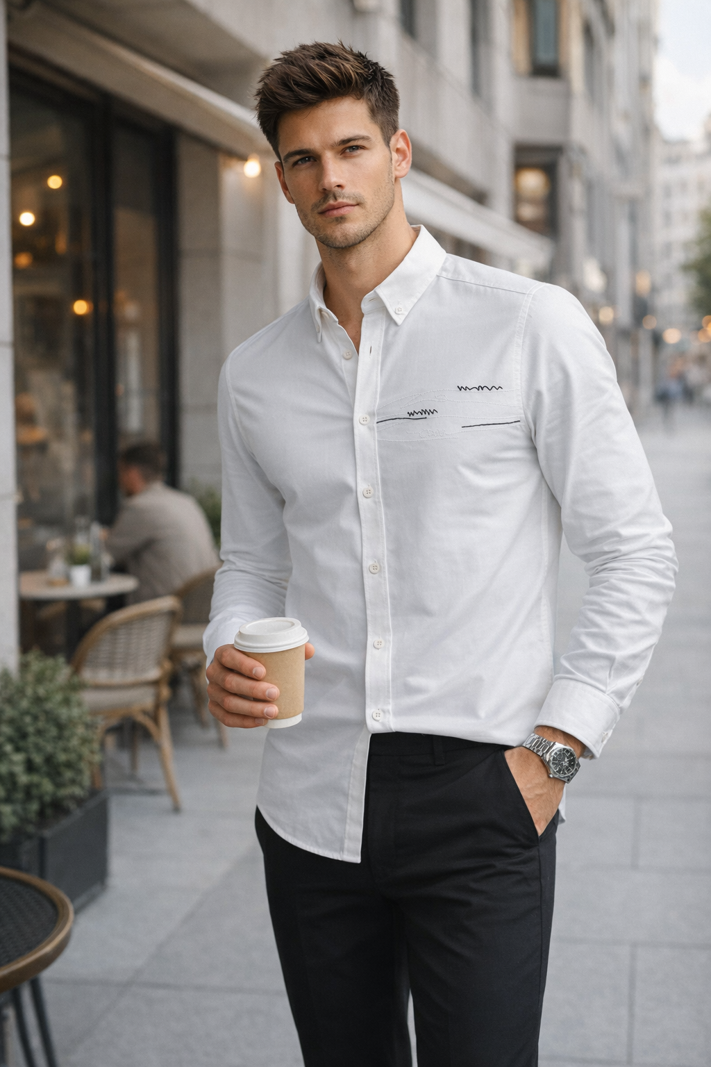 Erkek Beyaz Regular Fit Minimal Nakış Detaylı Gömlek