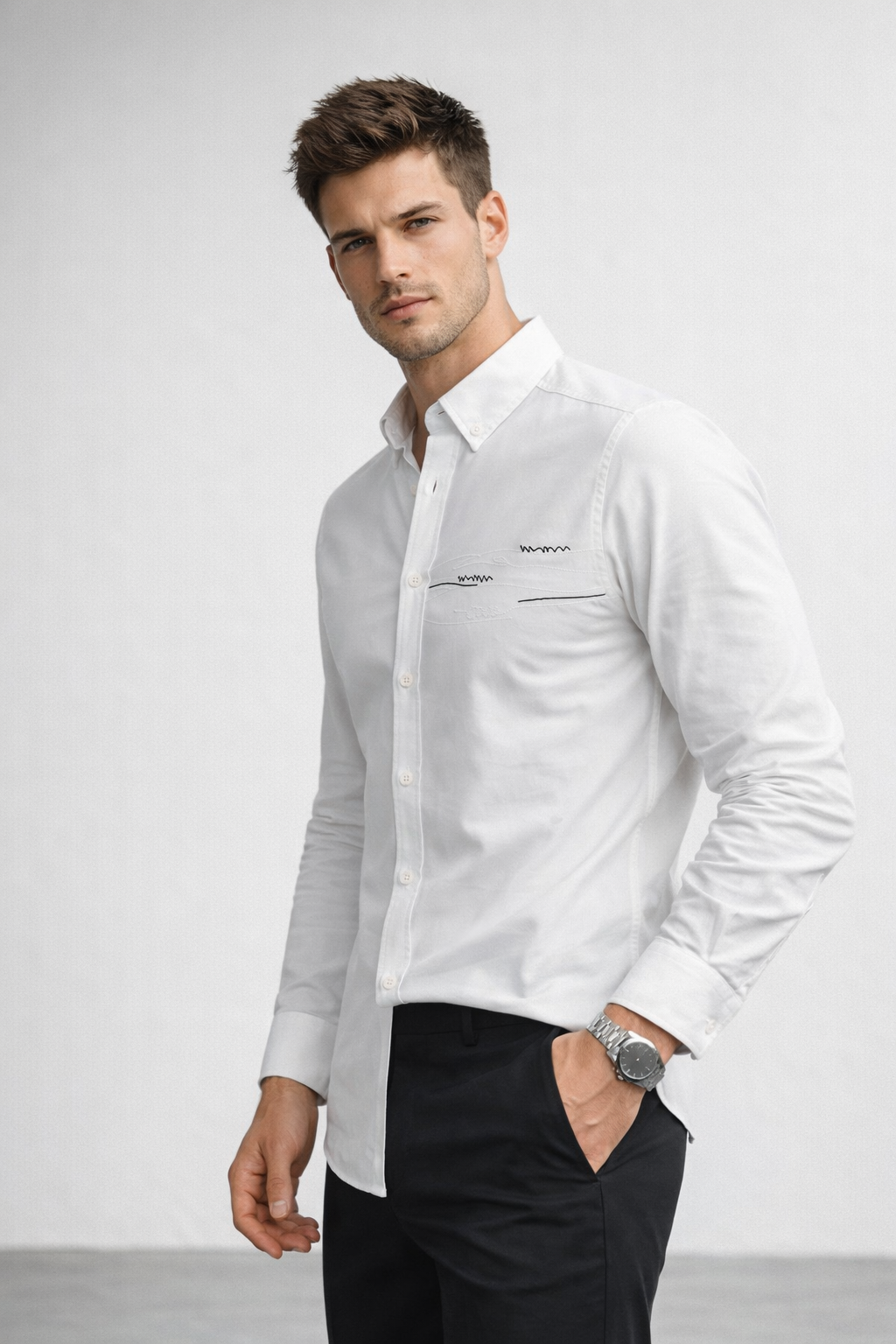 Erkek Beyaz Regular Fit Minimal Nakış Detaylı Gömlek