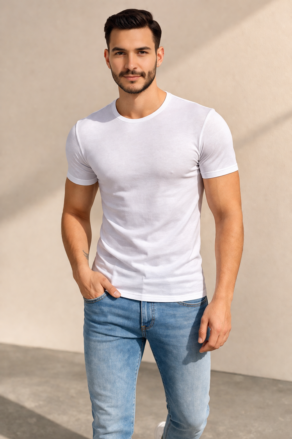 Erkek Beyaz Slim Fit Bisiklet Yaka Basic Tişört %100 Pamuk