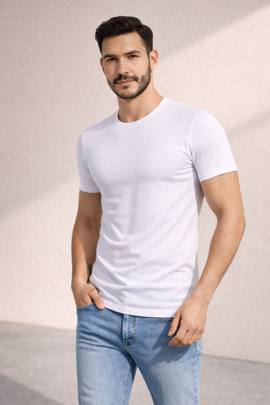 Erkek Beyaz Slim Fit Bisiklet Yaka Basic Tişört %100 Pamuk