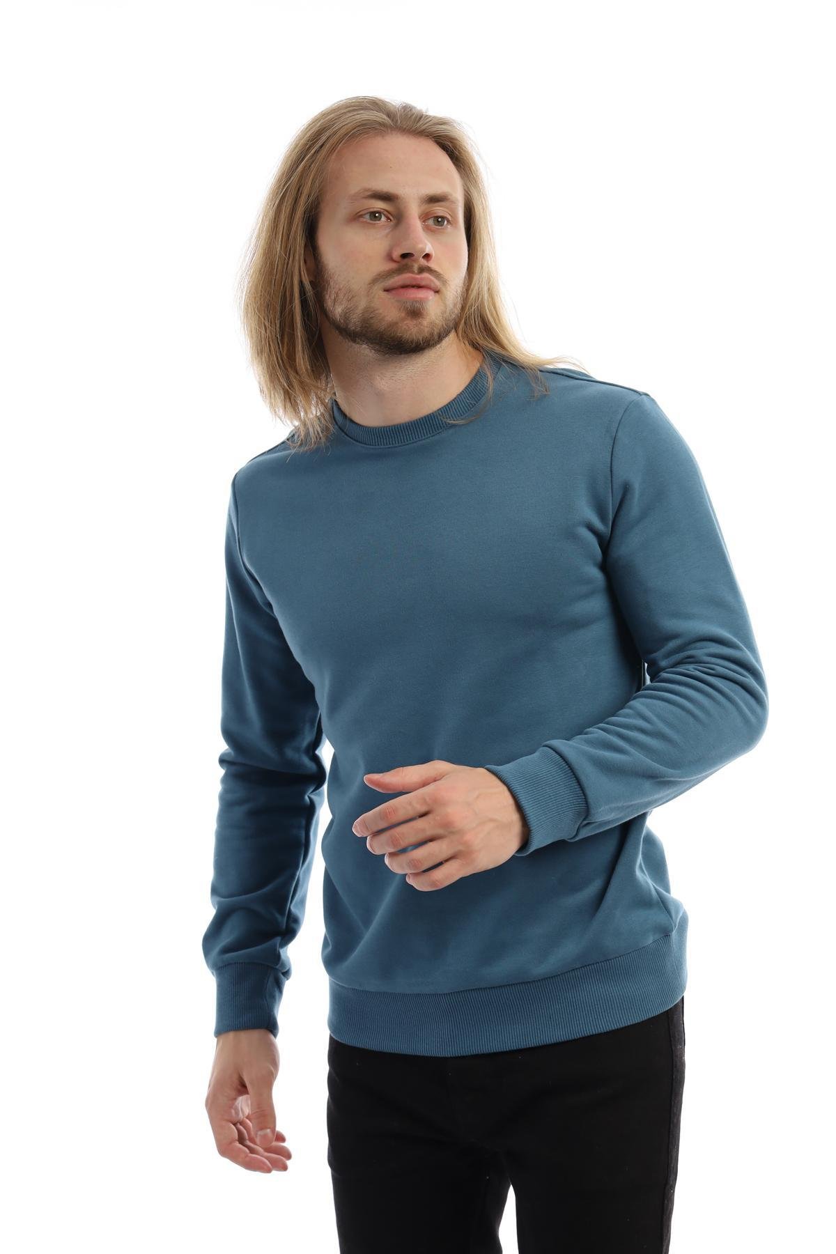Erkek 3 İplik Pamuklu Regular Fit Basic Bisiklet Yaka Mavi Sweatshirt Erkek 3 İplik Pamuklu Regular Fit Basic Bisiklet Yaka Mavi Sweatshirt