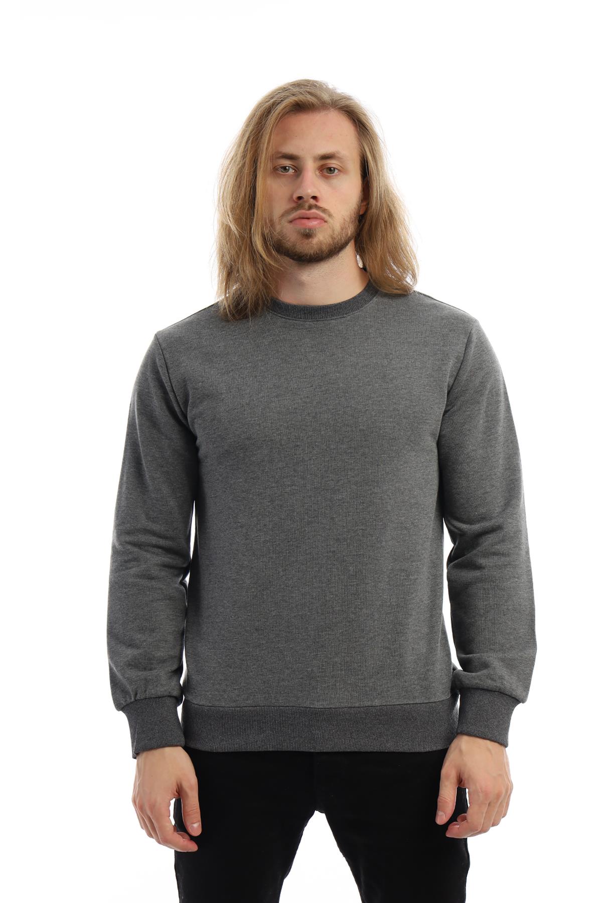Erkek 3 İplik Pamuklu Regular Fit Basic Bisiklet Yaka Antrasit Sweatshirt