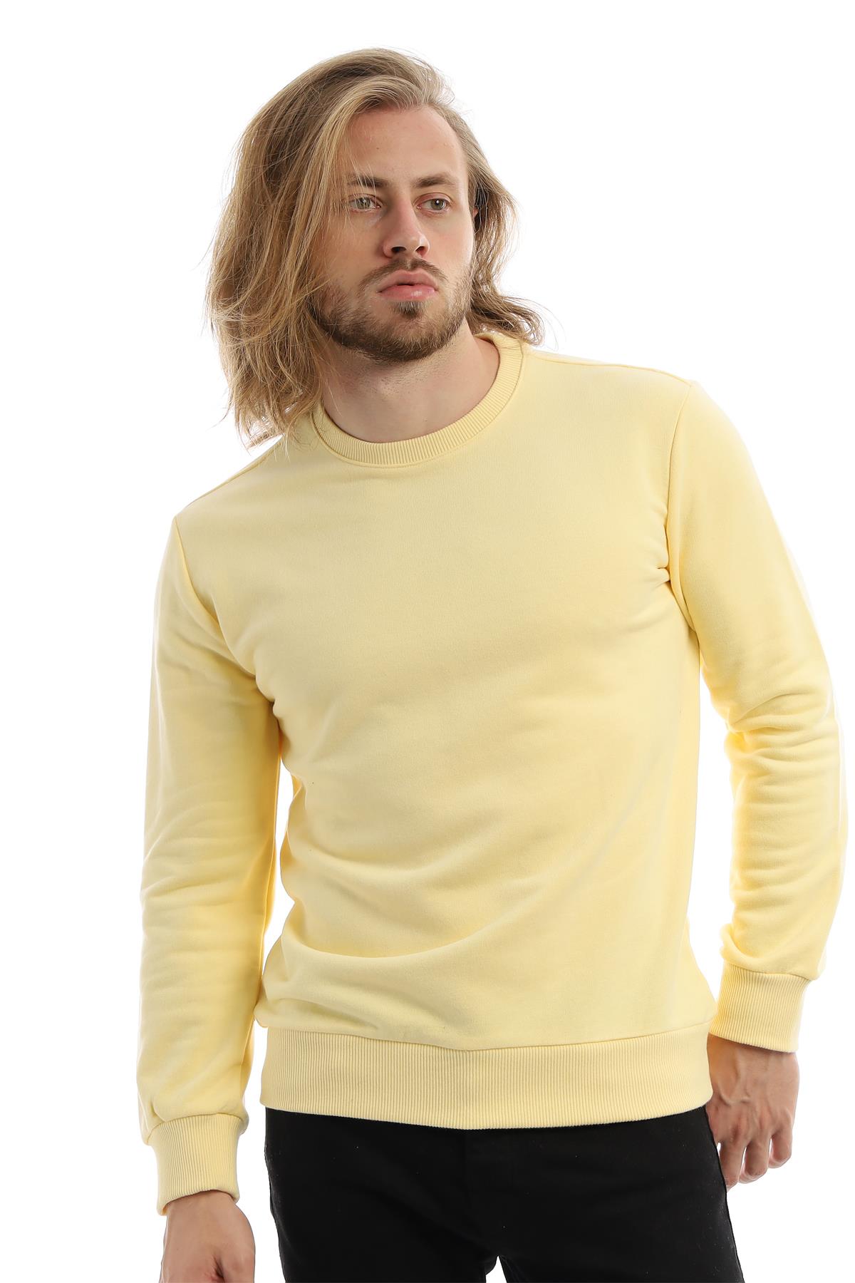 Erkek 3 İplik Pamuklu Regular Fit Basic Bisiklet Yaka Sarı Sweatshirt