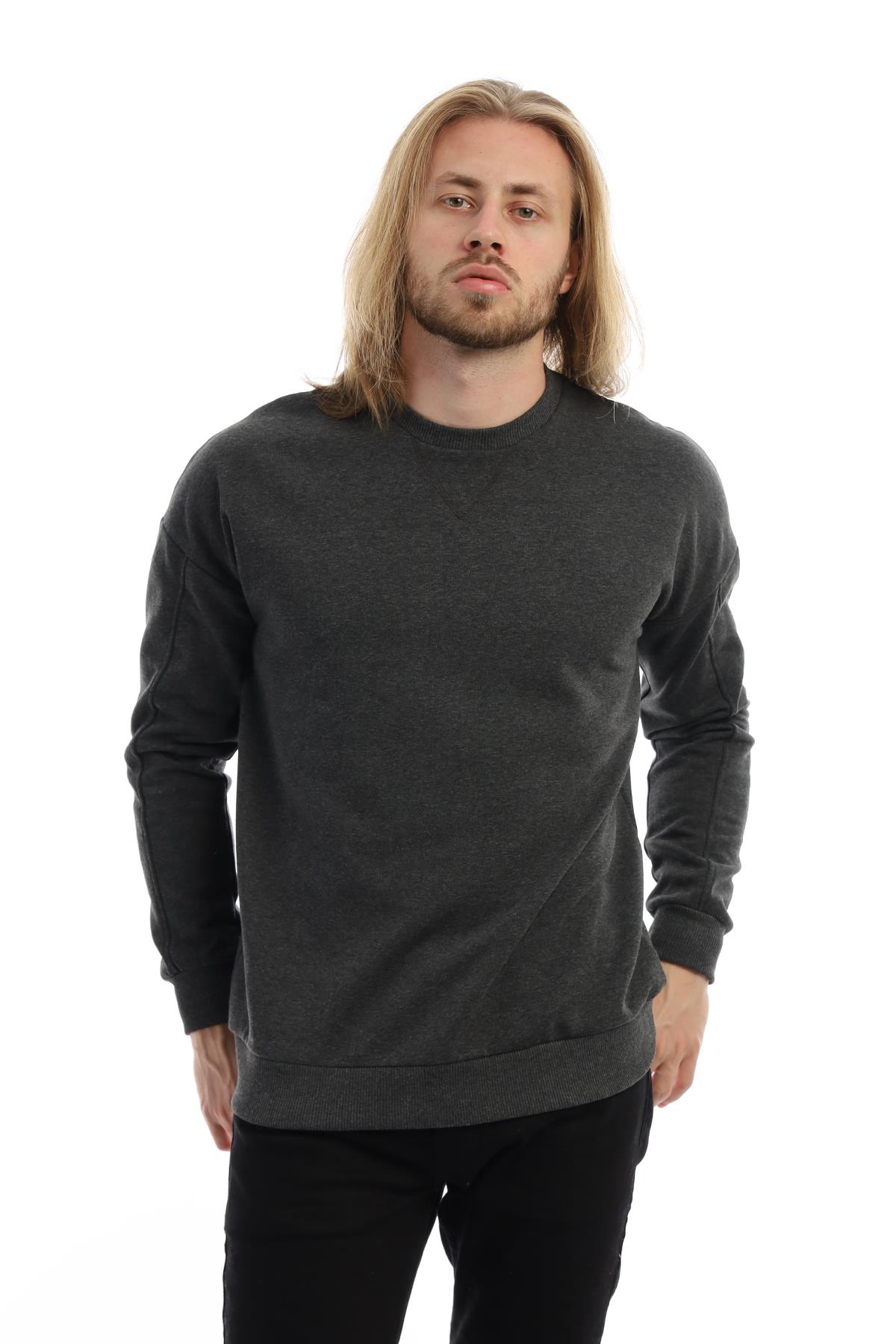 Erkek 3 İplik Pamuklu İçi Polarlı Regular Fit Basic Bisklet Yaka Antrasit Sweatshirt