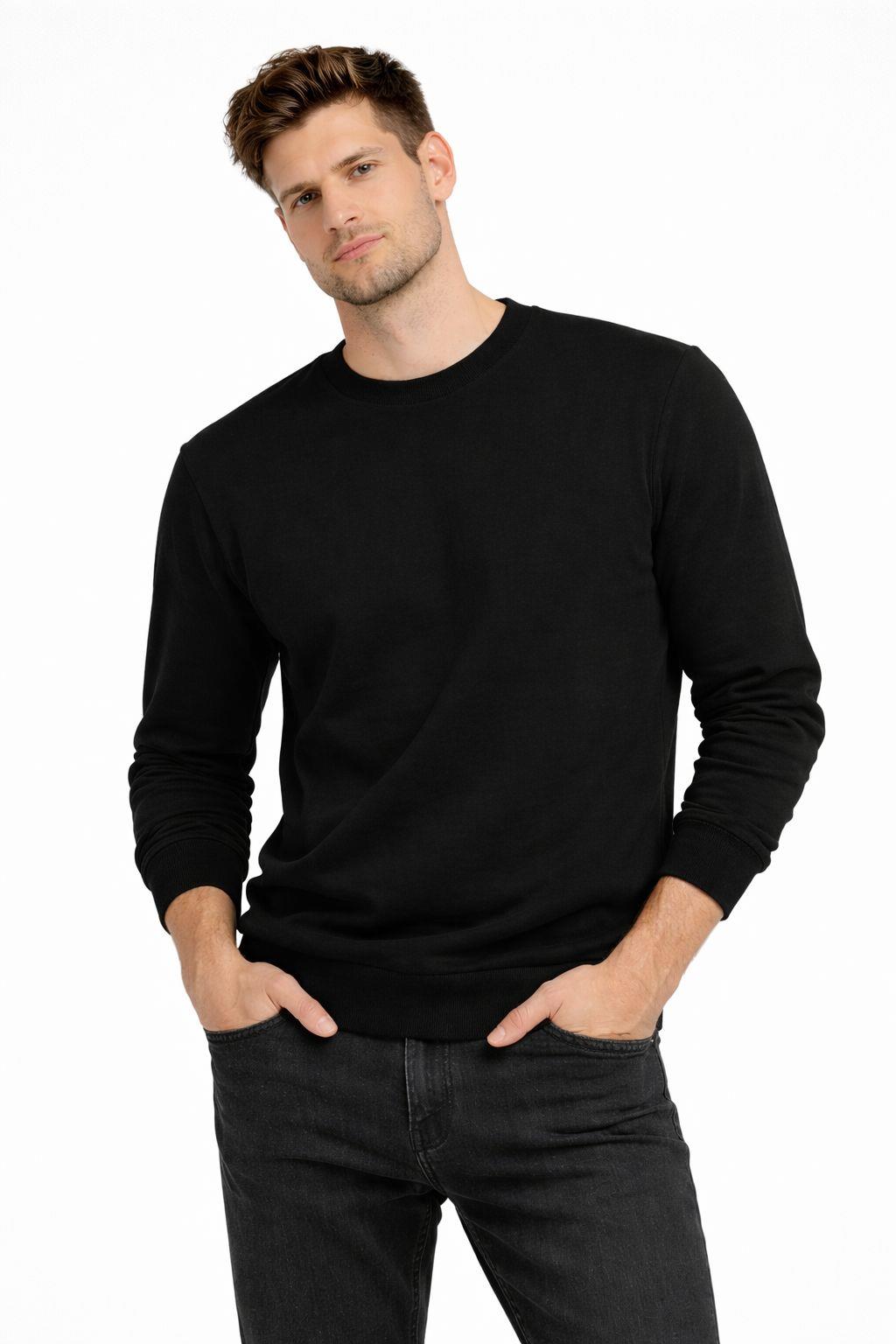 Erkek Bisiklet Yaka Regular Fit 3 İplik Pamuklu Siyah Sweatshirt