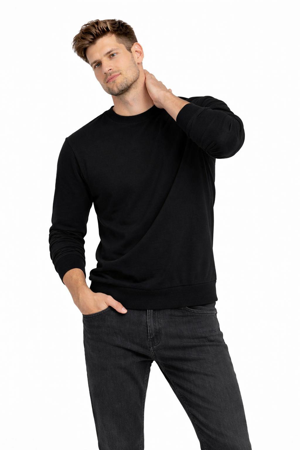 Erkek Bisiklet Yaka Regular Fit 3 İplik Pamuklu Siyah Sweatshirt
