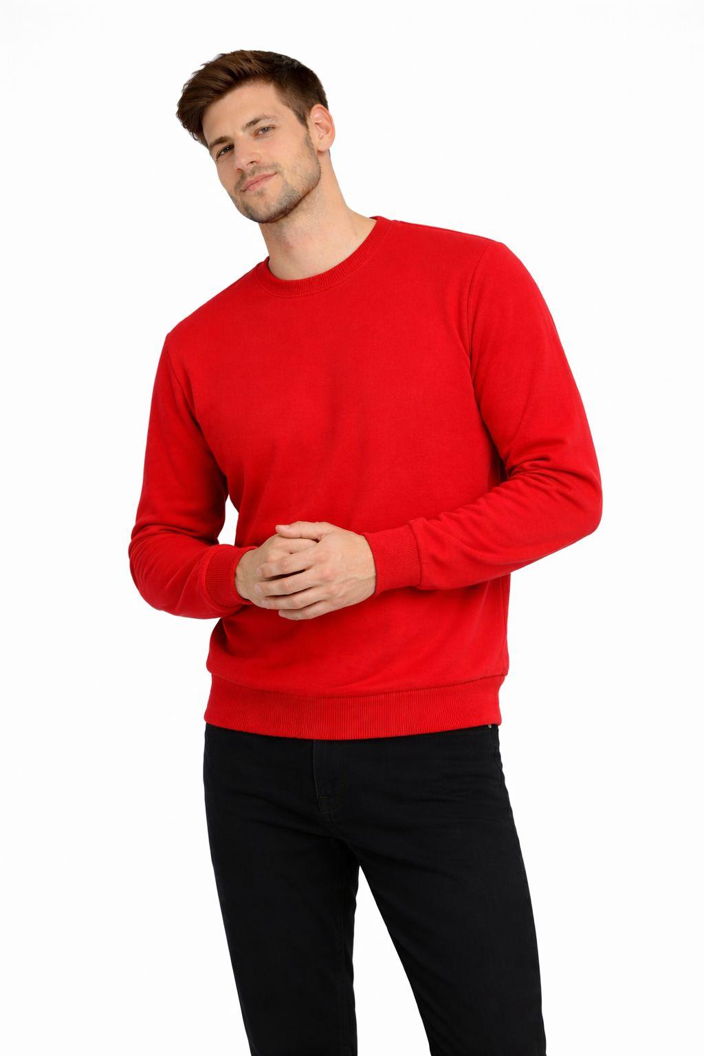 Erkek Bisiklet Yaka Regular Fit 3 İplik Pamuklu Kırmızı Sweatshirt