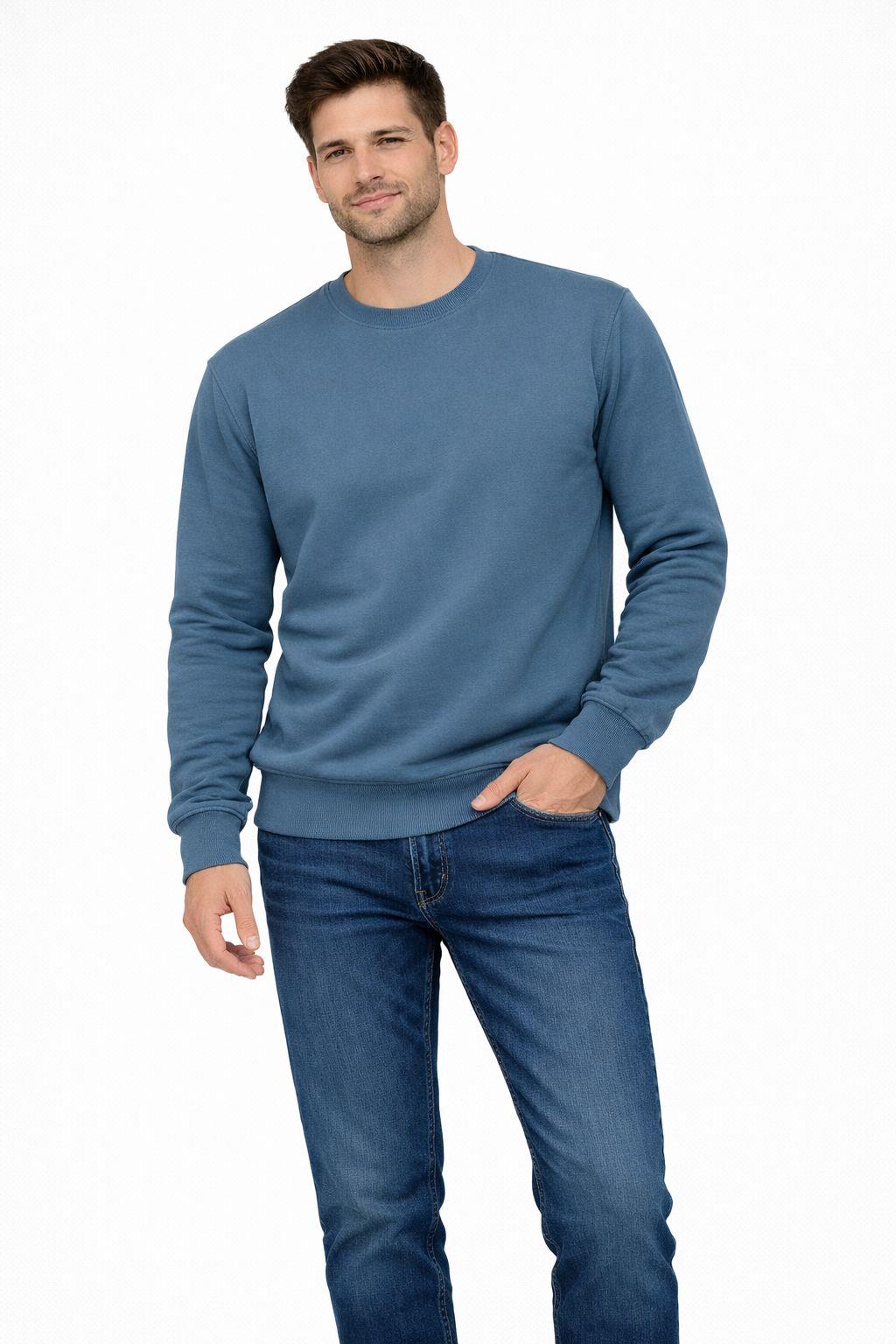 Erkek Bisiklet Yaka Regular Fit 3 İplik Pamuklu Mavi Sweatshirt